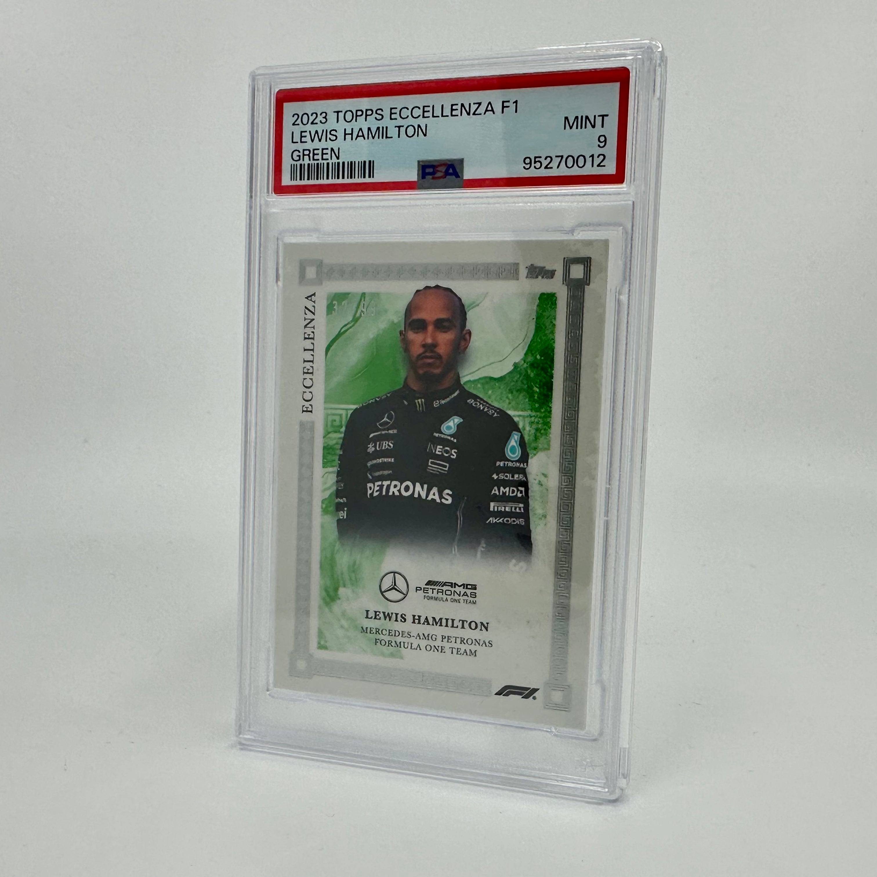 PSA 9 Graded 32/99 Lewis Hamilton Green 2023 Eccellenza Trading Card - Rare Collectible for F1 Fans & Sports Memorabilia Enthusiasts