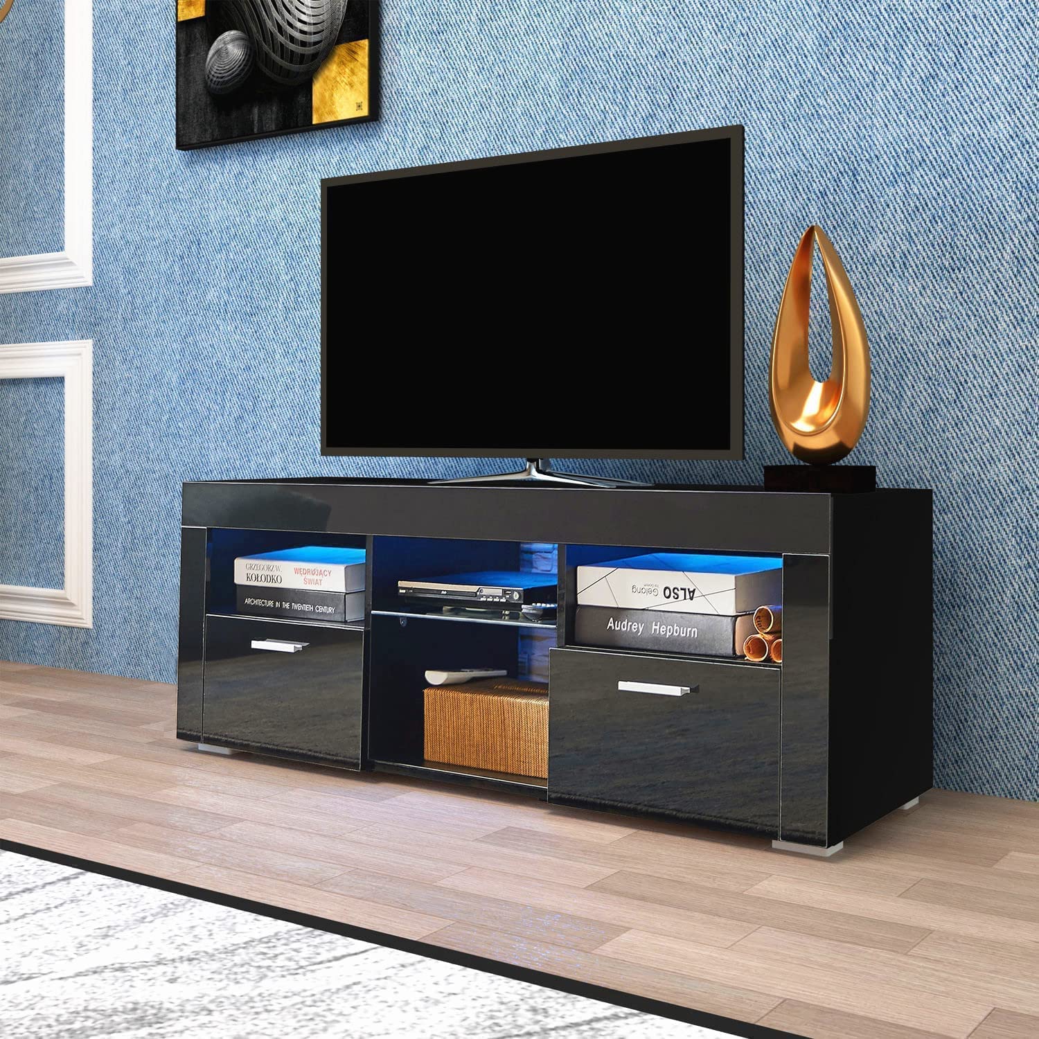 Modern Black LED TV Stand for 60-70 Inch TVs with Storage Drawers & Ambient Lighting - Entertainment Center Media Console for Living Room, Gaming & Movie Nights