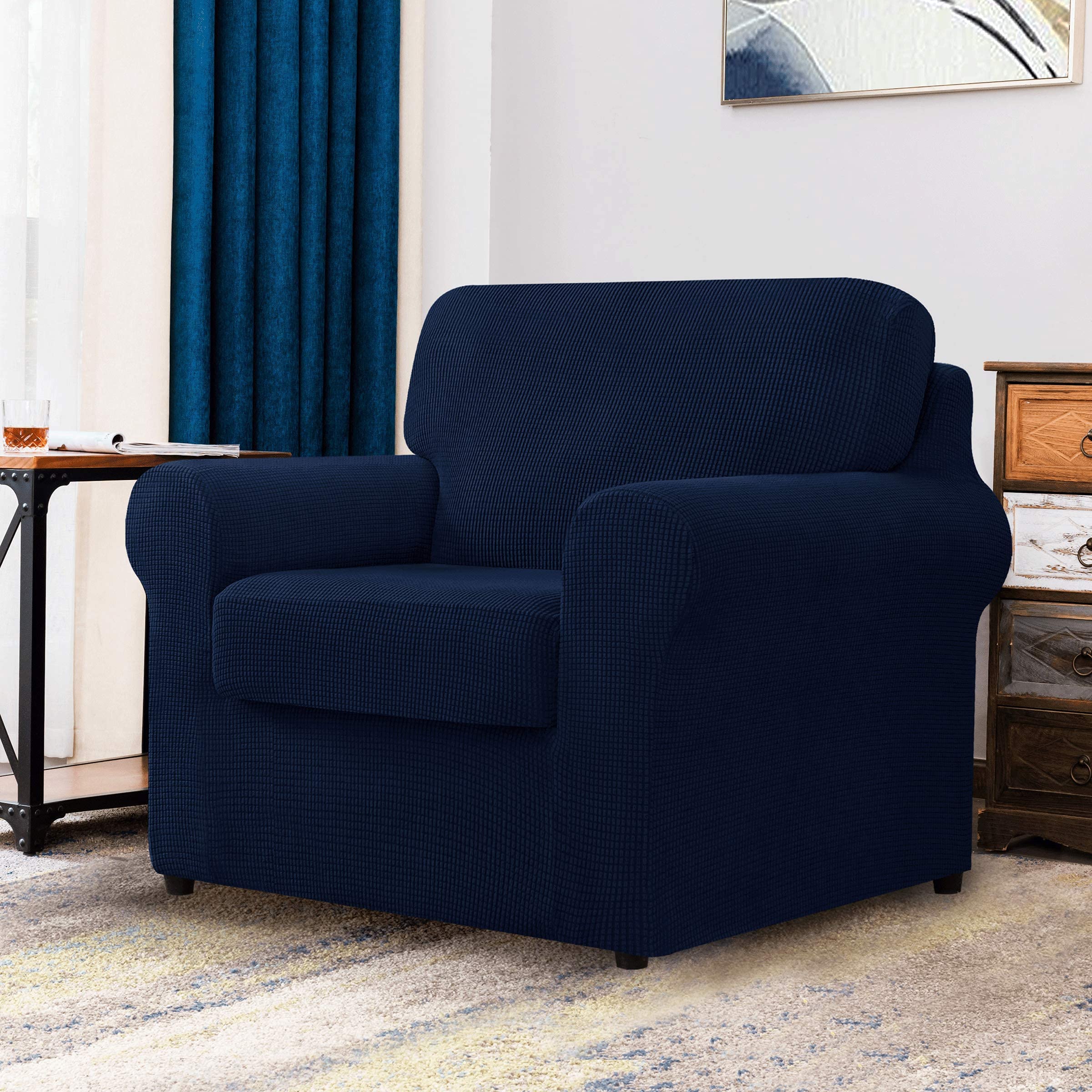 CHUN YI 2-Piece Armchair Sofa Slipcover Set - Stretchable Jacquard Fabric Couch Cover with Detachable Backrest & Cushion Covers - Dark Blue Checkered Pattern | Perfect for Living Room Furniture Protection & Home Decor Upgrade