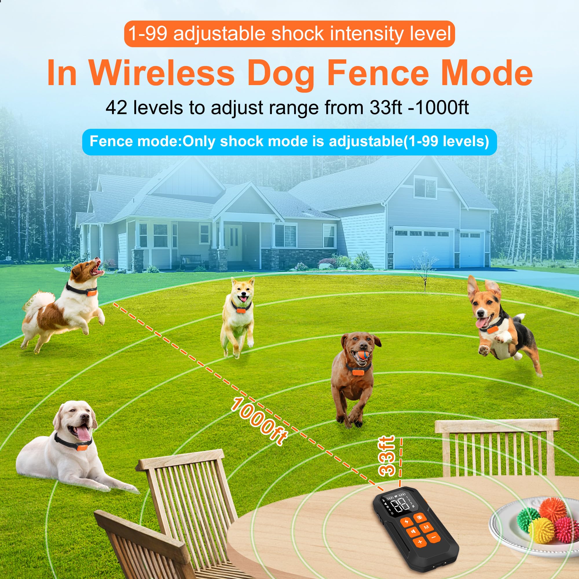 **2-in-1 Electric Wireless Dog Fence System & Training Collar with Remote – IPX7 Waterproof Shock Collar for All Dogs, Key Lock Switch & Charging Station – Perfect for Backyard, Training & Outdoor Adventures**