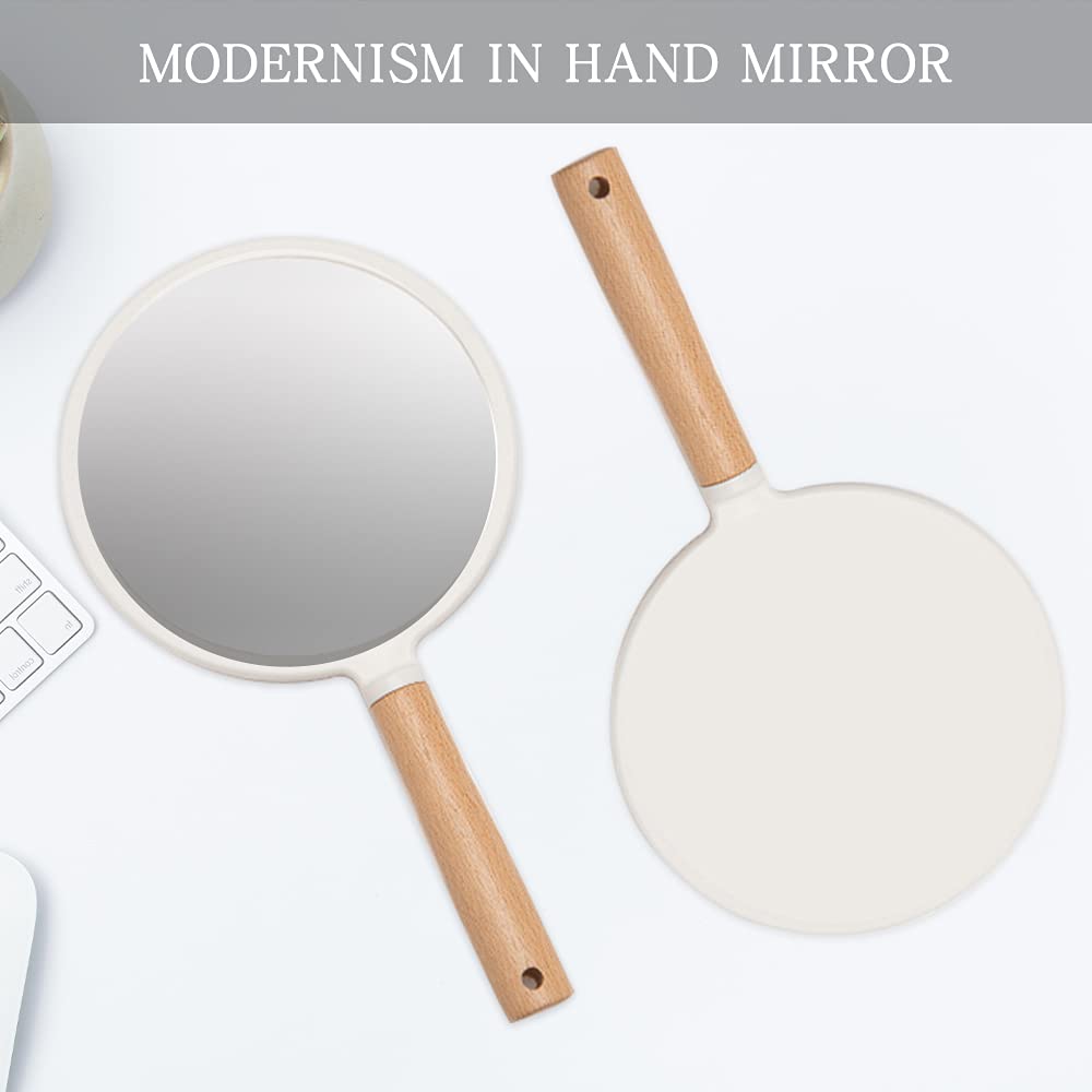 YEAKE Handheld Vanity Mirror with Wooden Handle - Small Round Portable Makeup Mirror for Men & Women, Perfect for Travel, Shaving, and Grooming (Hanging Hole Included)