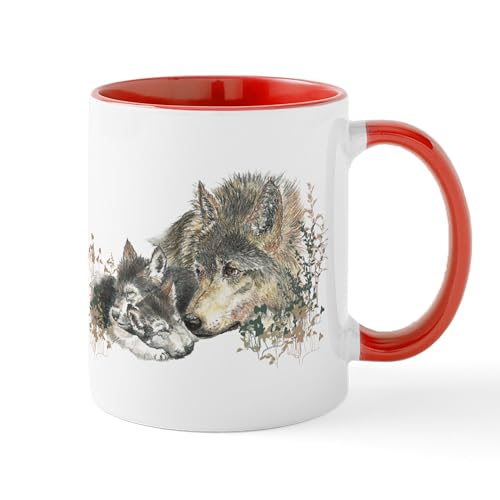 White/Red Inside - Watercolor Wolf Parent Cubs Small Mugs