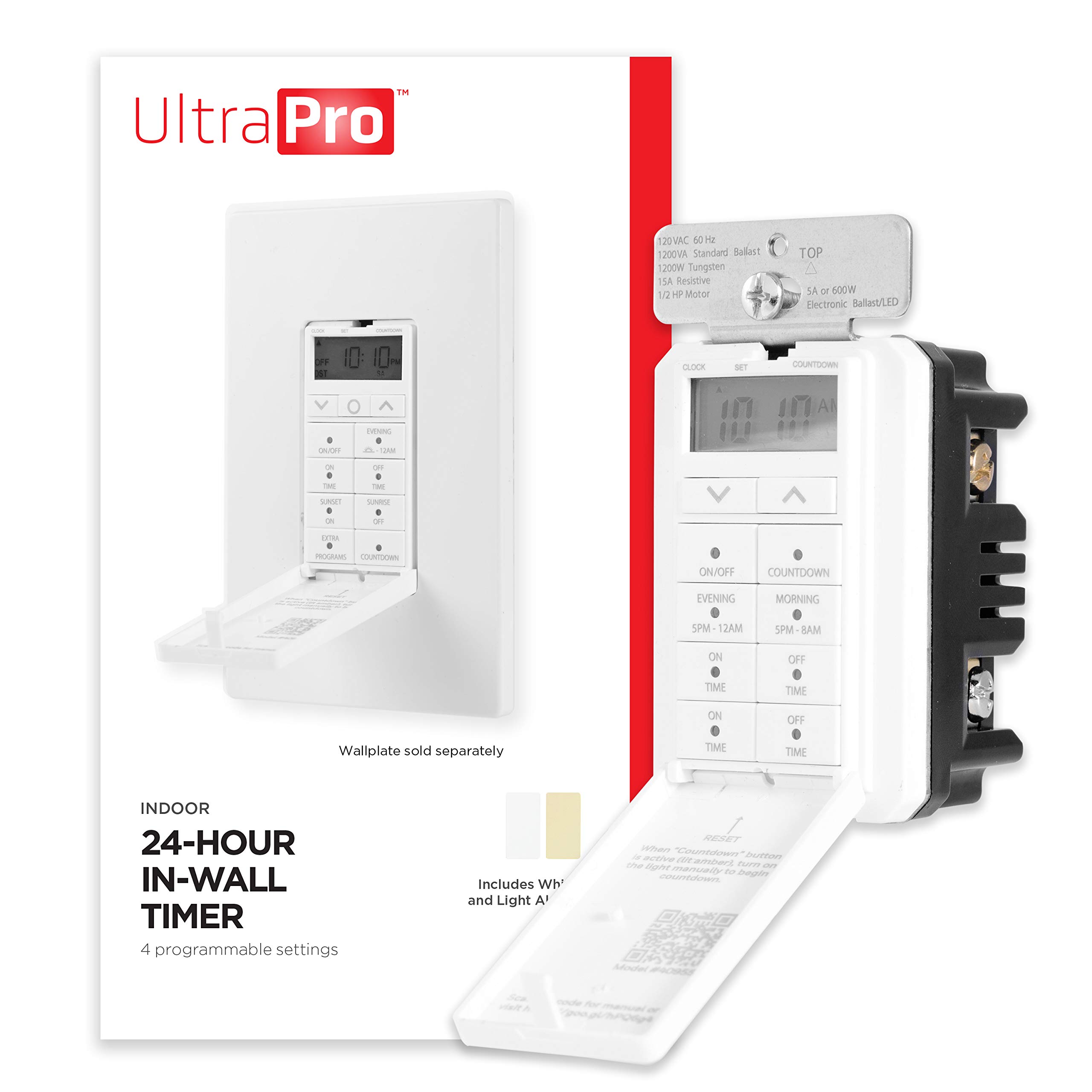 UltraPro 24-Hour Programmable In-Wall Digital Countdown Timer Switch for Lights & Exhaust Fans - Neutral Wire Required - 8 Presets - Perfect for Christmas Trees, Indoor Lamps & Home Automation