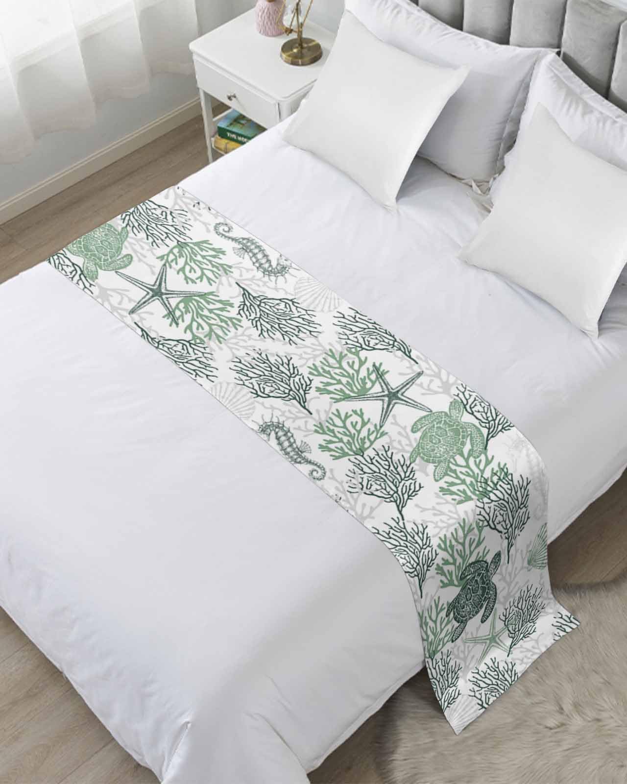 Elegant Sage Green Coastal Bed Runner for Queen Size Beds - 83 x 20 Inch Nautical Sea Turtle Design Summer Beach Throw - Perfect for Hotels, Bedroom Decor & Foot of Bed Protection
