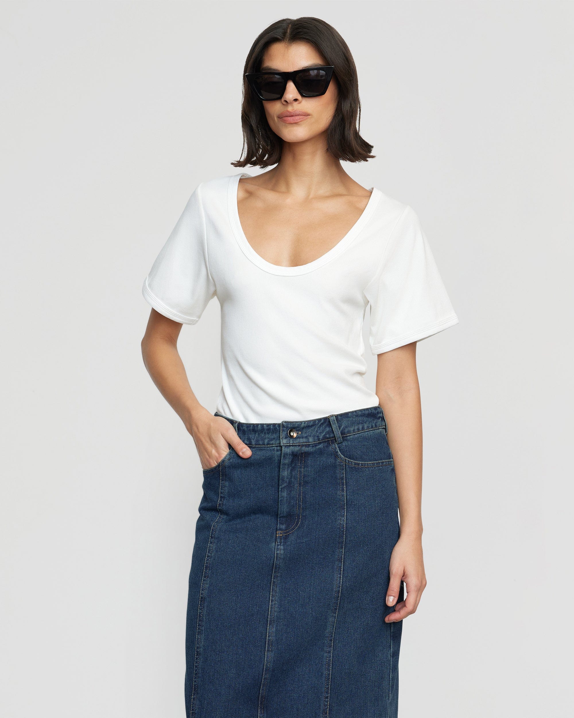 Riley Denim Maxi Skirt for Women - High Waisted Stretchy Long Denim Skirt with Pockets - Perfect for Casual Outfits, Date Nights & Summer Fashion