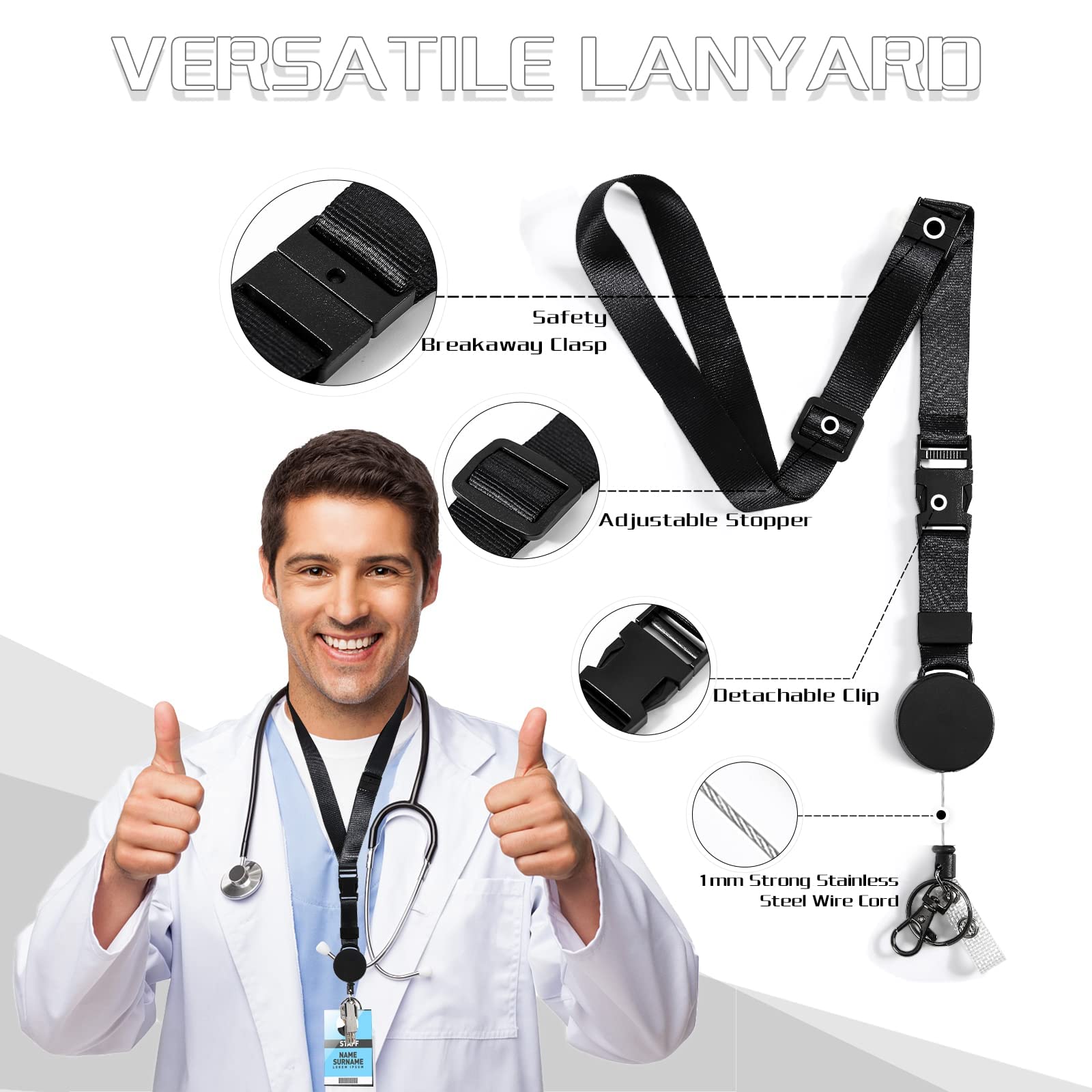 Heavy Duty Retractable Lanyard with Breakaway Safety - for ID Badges & Keys | Office & Event Use