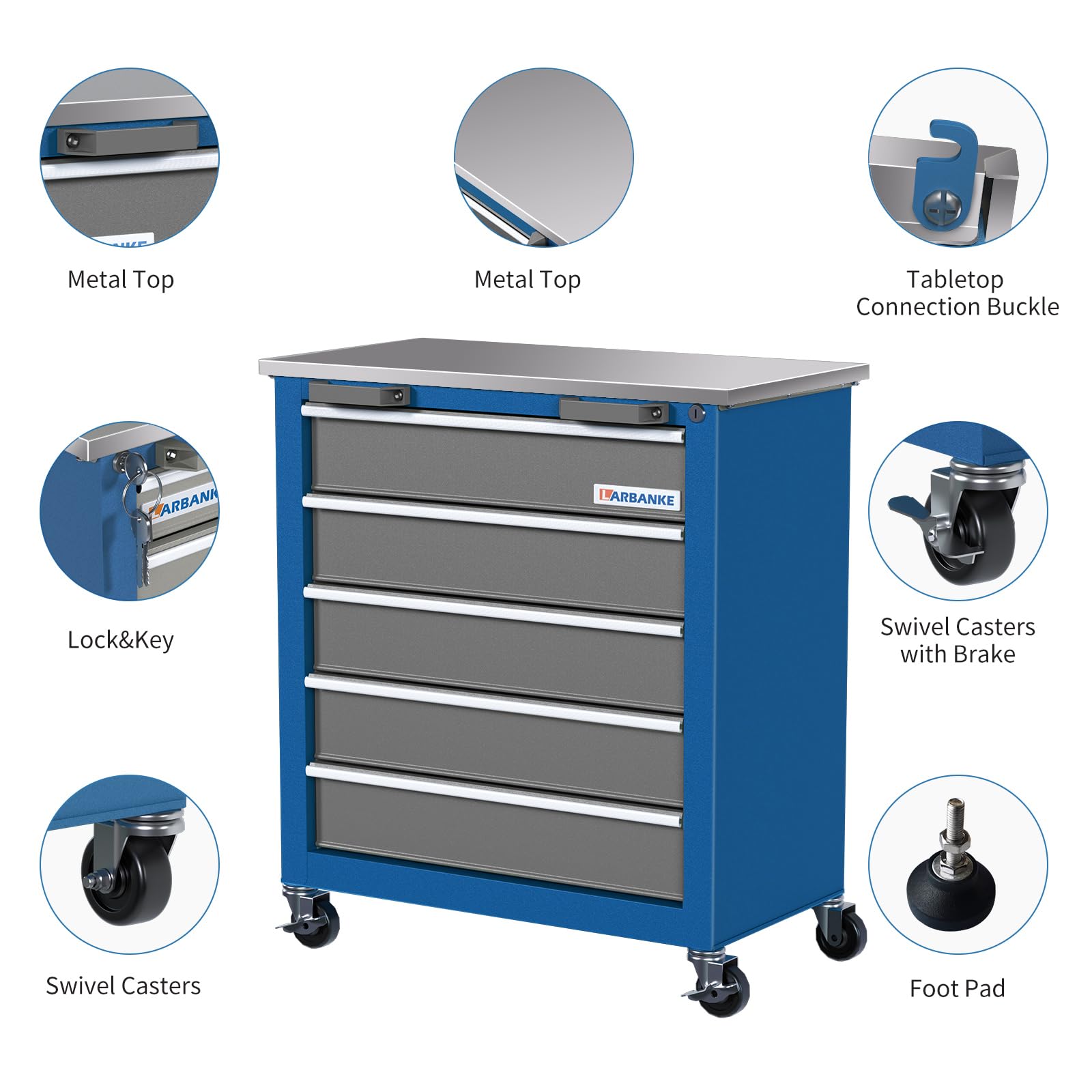 5-Drawer Rolling Tool Chest with Keyed Lock & Drawer Liners - Heavy Duty Mobile Tool Cabinet with Link Buckle, Expandable for Large Cabinet Set - Perfect for Garage, Workshop & Warehouse Organization