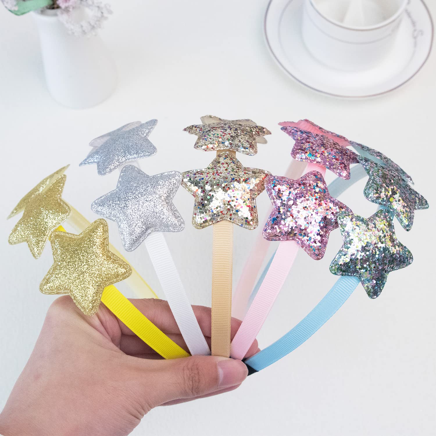 XIMA 10PCS Rainbow Glitter Star Headbands for Toddlers Girls Kids - Soft Stretch Hair Accessories for Children & Teens - Perfect for Birthday Parties, School Events & Daily Wear (10PCS Star Hair Bands)