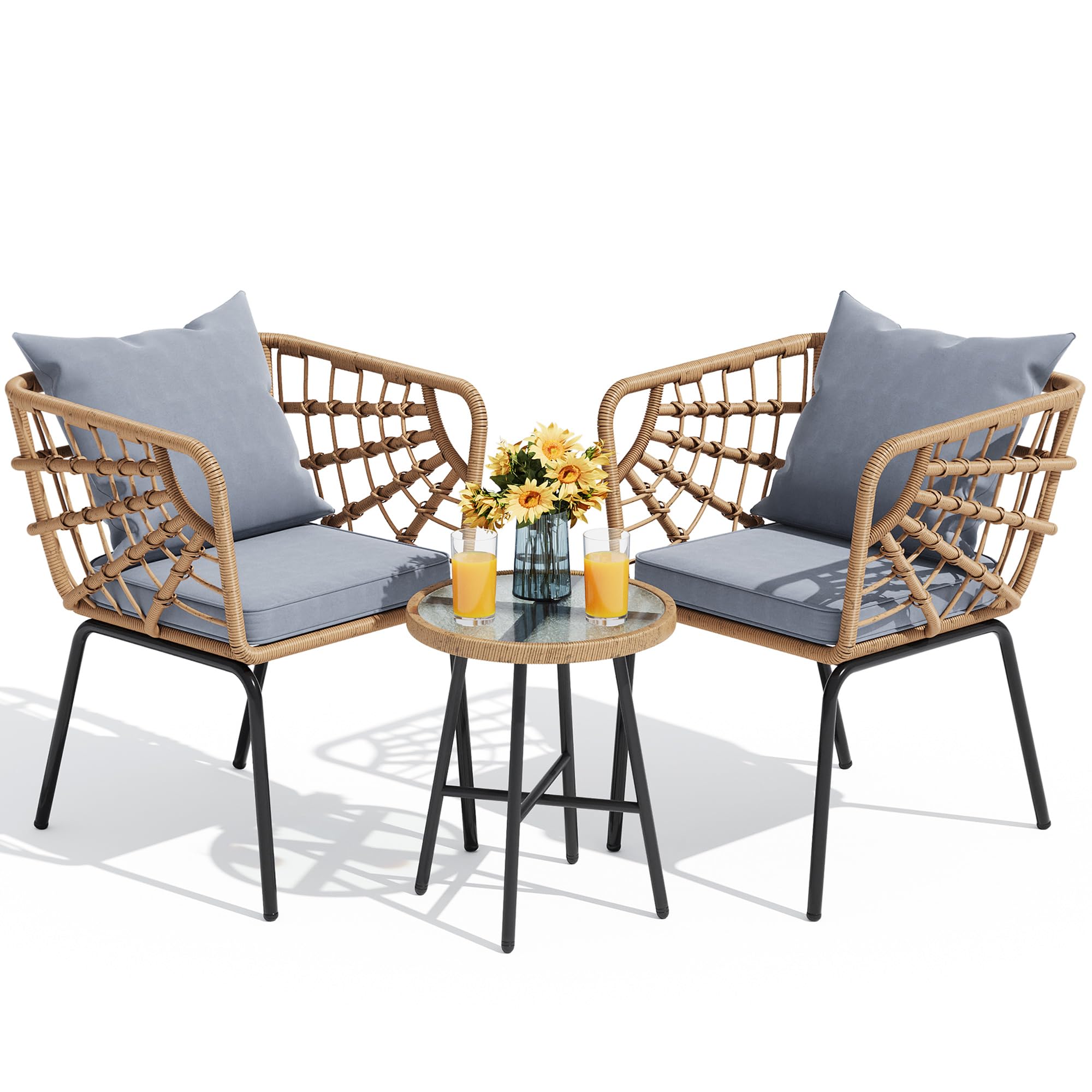 YITAHOME 3-Piece All-Weather Wicker Outdoor Bistro Set with Table & Cushions - Grey Patio Conversation Furniture for Balcony, Backyard, Poolside, Porch and Deck | Perfect for Outdoor Dining, Relaxing and Entertaining Guests