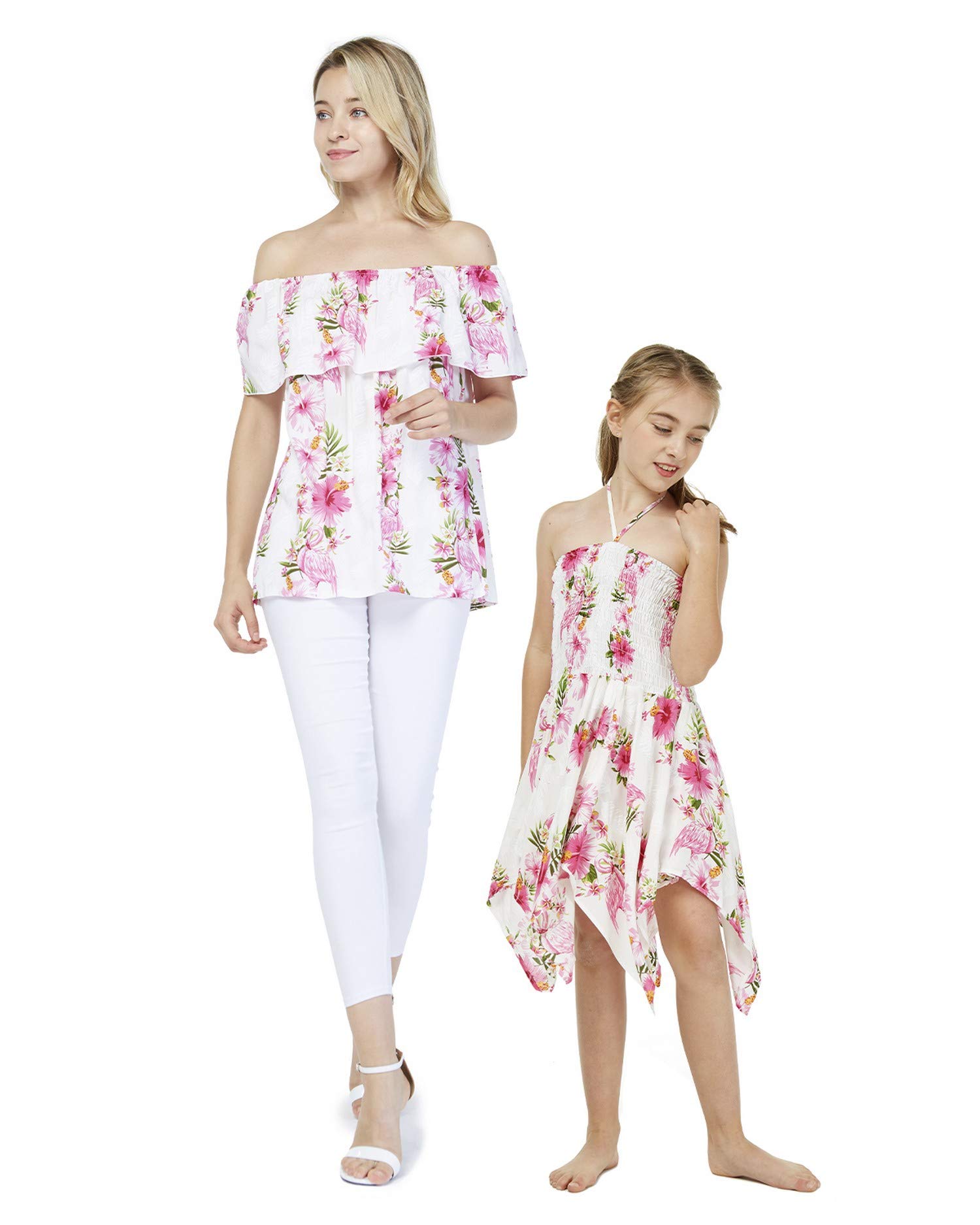 Matching Mother & Daughter Hawaiian Luau Off-Shoulder Tops - Pink Hibiscus Vine Gypsy Dresses for Women and Girls | Perfect for Beach Vacations, Summer Parties & Family Photos
