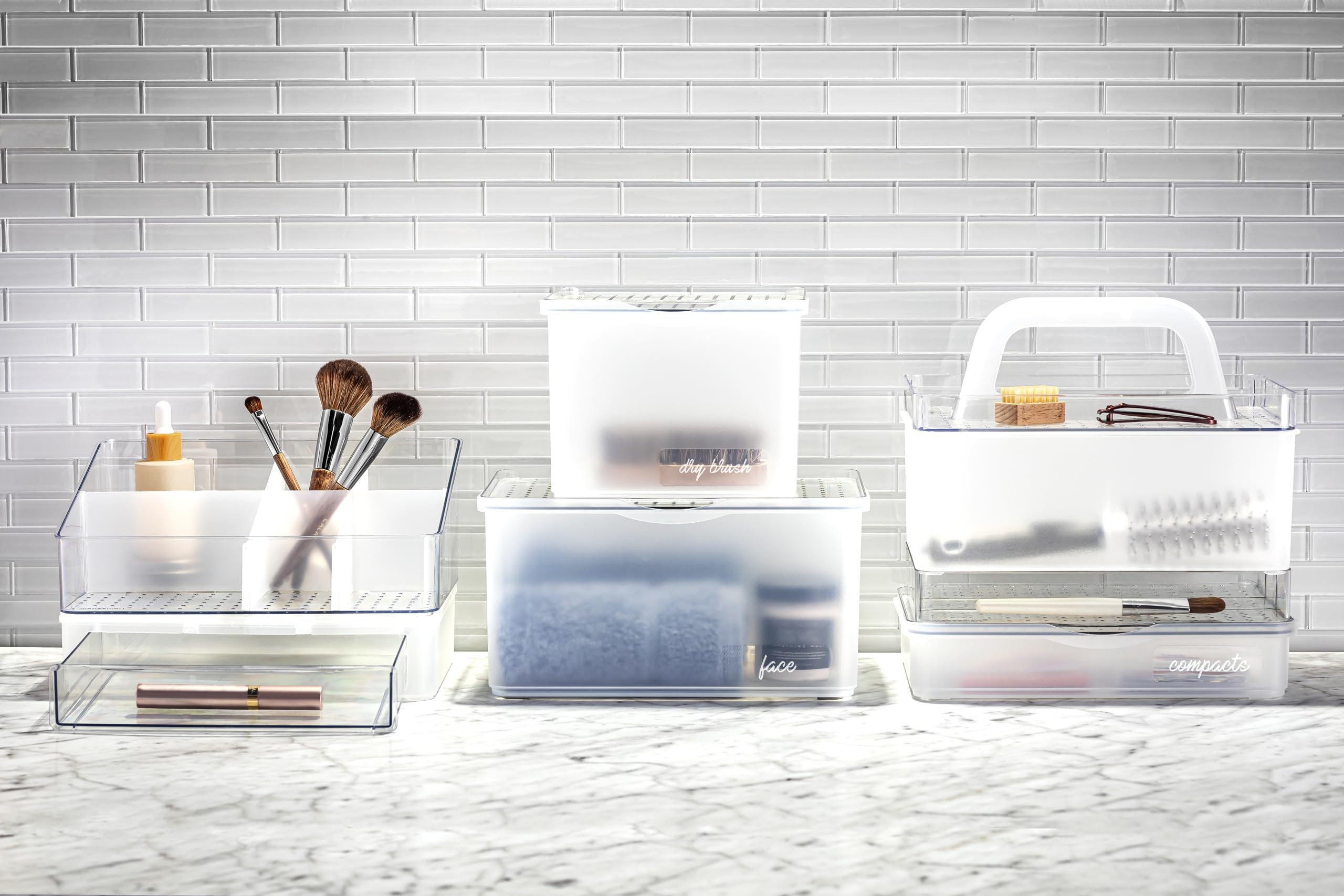 Madesmart Medium Stacking Lid Storage Bin - White Plastic Bathroom Organizer with Dry-Erase Label Space | Perfect for Bathroom Shelves, Under Sink Storage & Closet Organization