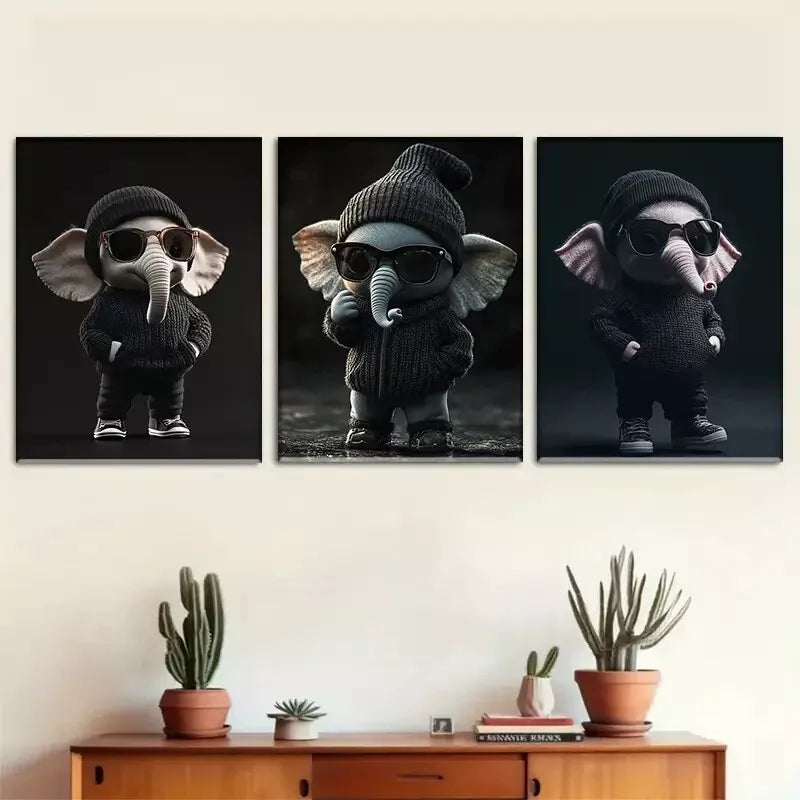 3-Piece Cool Elephant Wall Art Set - Knitted Hat & Sunglasses - Framed Canvas 40x60cm - High Quality Print - 100% Australian Made - Ready to Hang - Perfect for Nursery, Kids Room & Playroom Decor