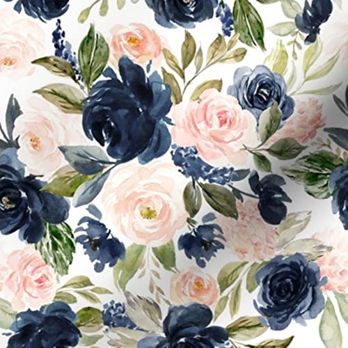 Beach Blossoms Floral Printed Denim Fabric by The Yard - White Flowers Rose Navy Spring Roses Blush Design for Apparel, Home Decor & Upholstery | Perfect for DIY Dresses, Curtains & Throw Pillows