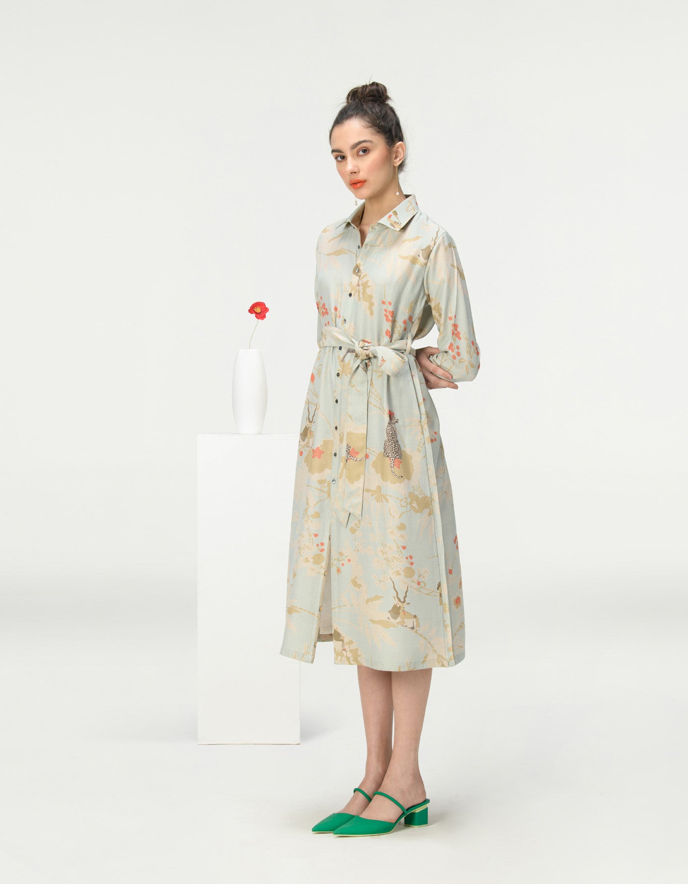 Elegant Tie Belt Shirt Dress in Muga Satin - Ice Blue | Women's Casual & Office Wear | Perfect for Spring Outfits, Work Attire and Special Occasions