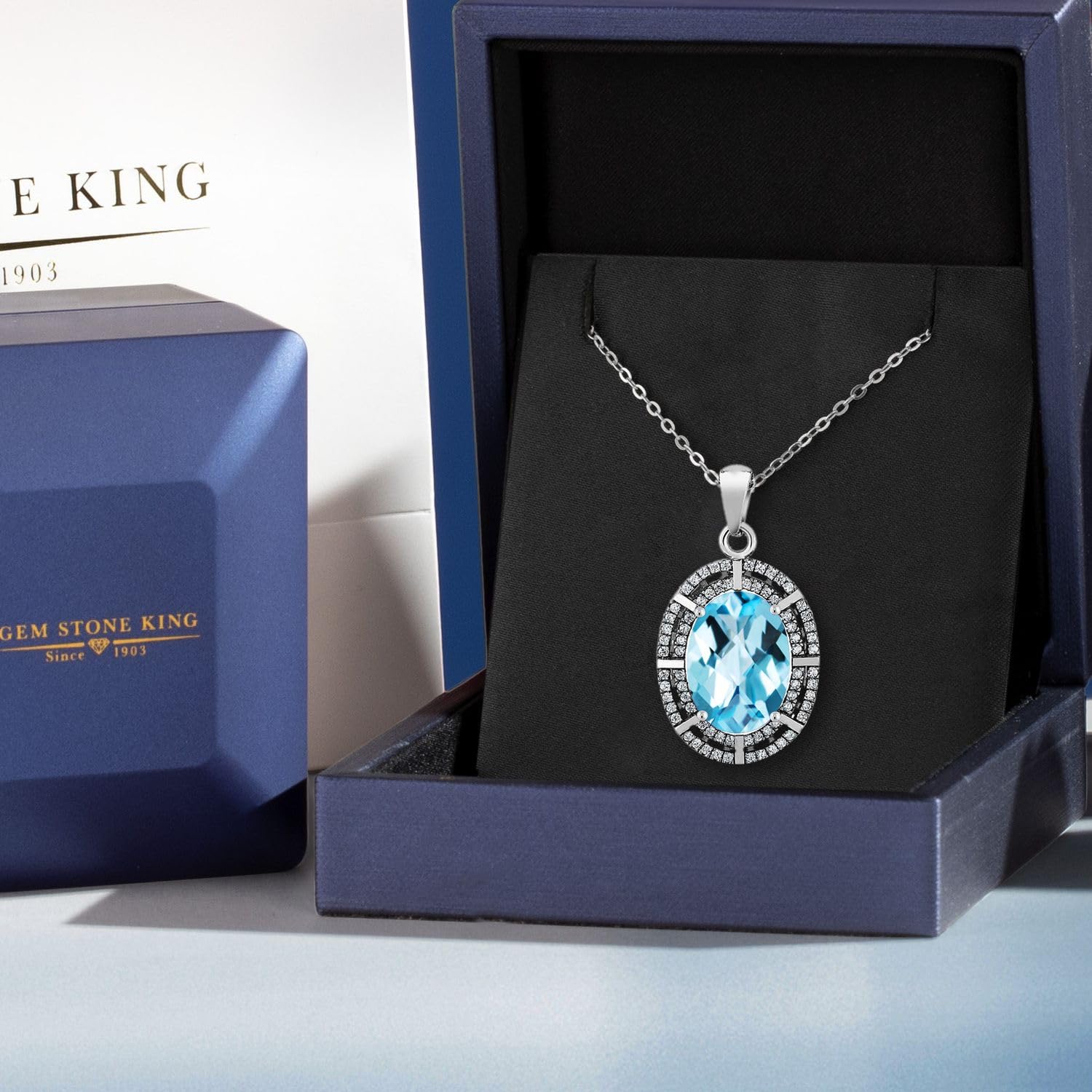Gem Stone King 5-10 Cttw Two Row Halo Necklace with 14X10MM Oval Gemstone Birthstone in 925 Sterling Silver | Double Row Halo Pendant Necklace for Women | 18 Inch Silver Chain | Perfect Gift for Birthday, Anniversary & Valentine's Day