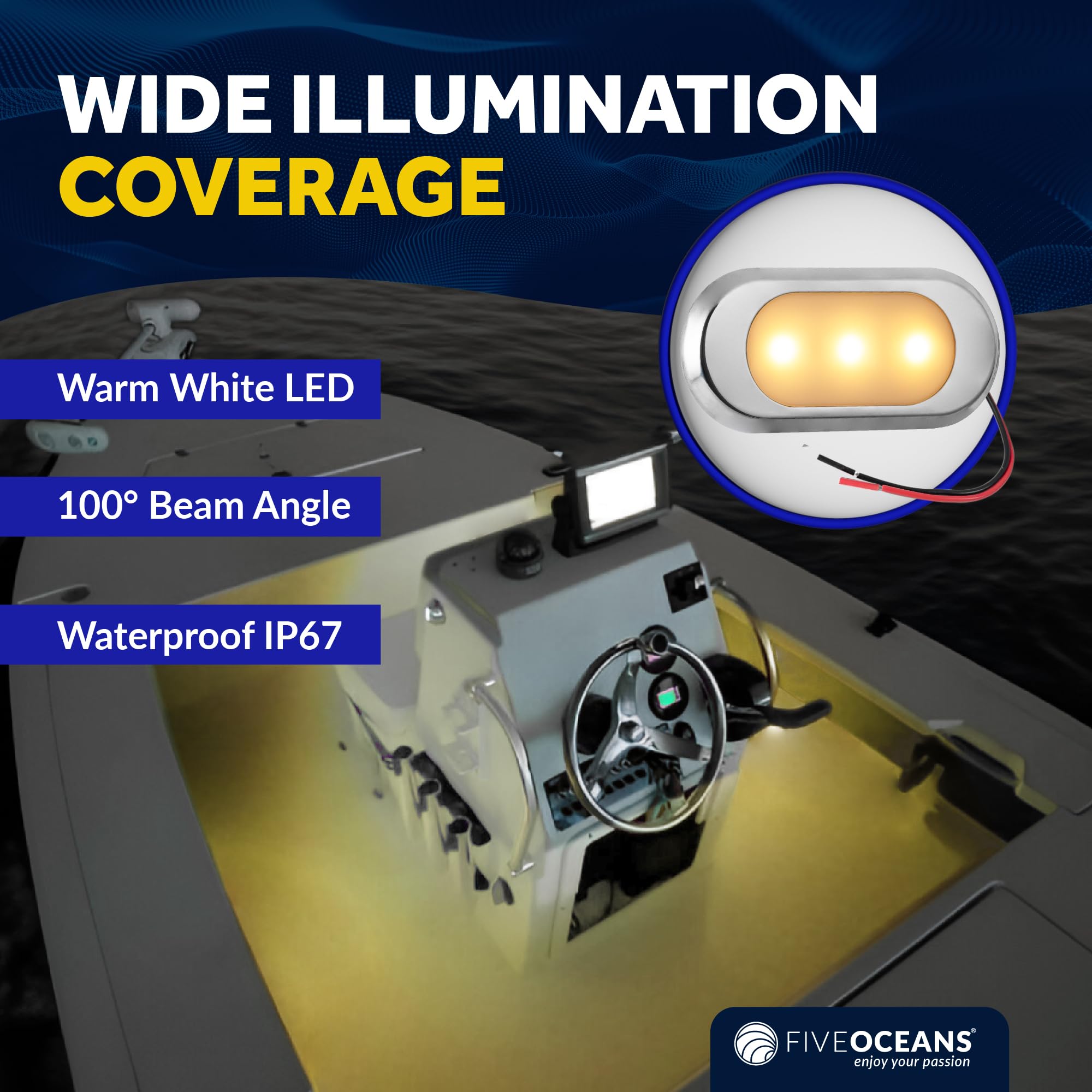 Five Oceans Ultra-Flat LED Boat Courtesy Lights - Warm White 12V Marine Interior Lighting (3-1/8