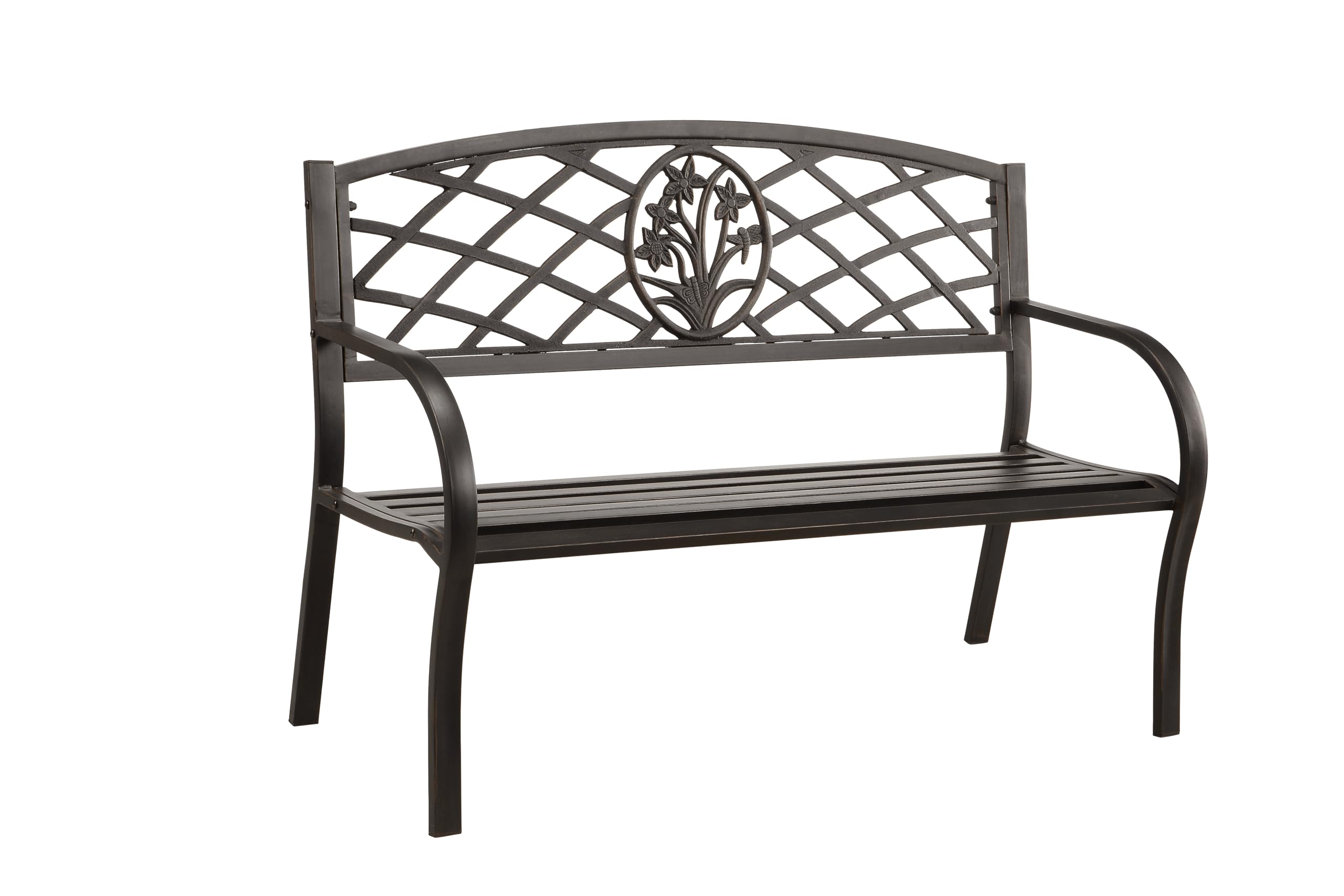 Dolce Contemporary Outdoor Bench with Back - Steel Patio Chair with Floral Dragonfly Design, Lattice Style - Bronze Garden Furniture for Backyard, Front Porch, Lawn (Perfect for Relaxing in Your Outdoor Space)