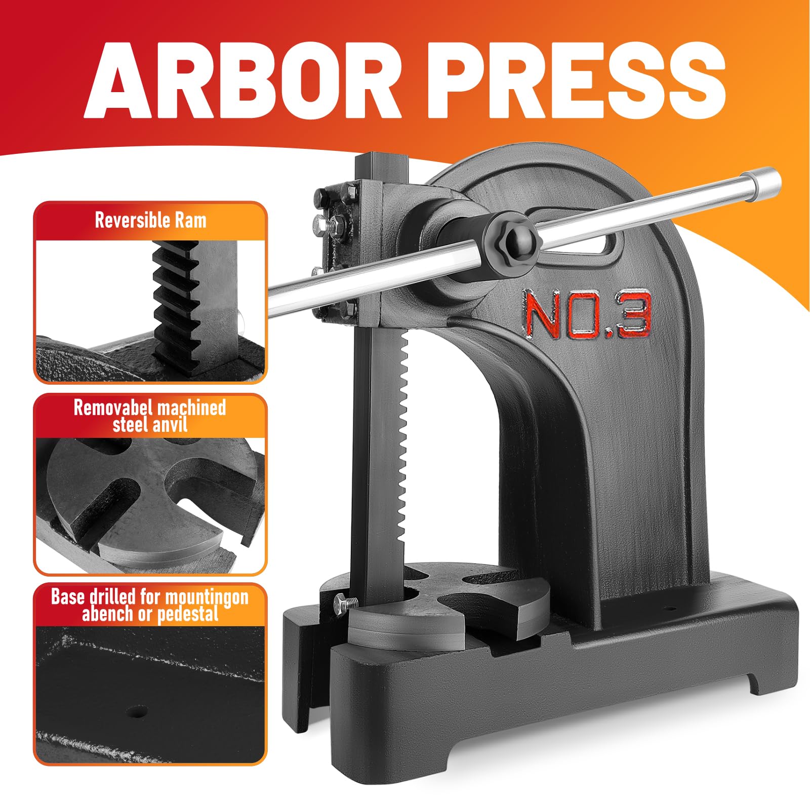 3 Ton Heavy Duty Cast Iron Manual Arbor Press for Stamping, Forming & Metalworking – Perfect for Jewelry Making, Woodworking & DIY Projects