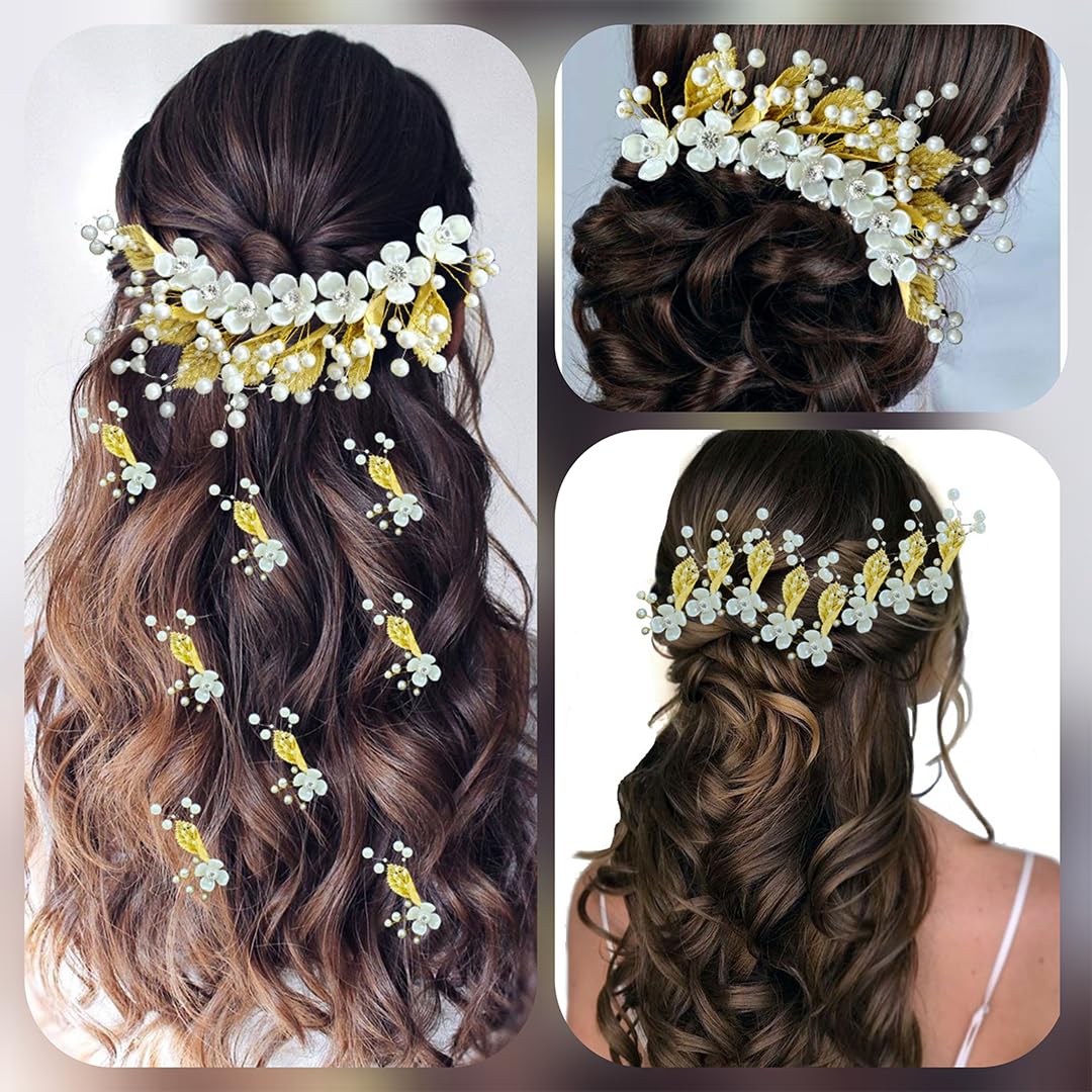 Ansh Elegant Artificial Metal Hair Pins with Floral Stone & Pearls - Women's Hair Clips & Juda Pins Set (2330 & 2332 Combo) - Perfect for Weddings, Parties & Daily Hair Styling