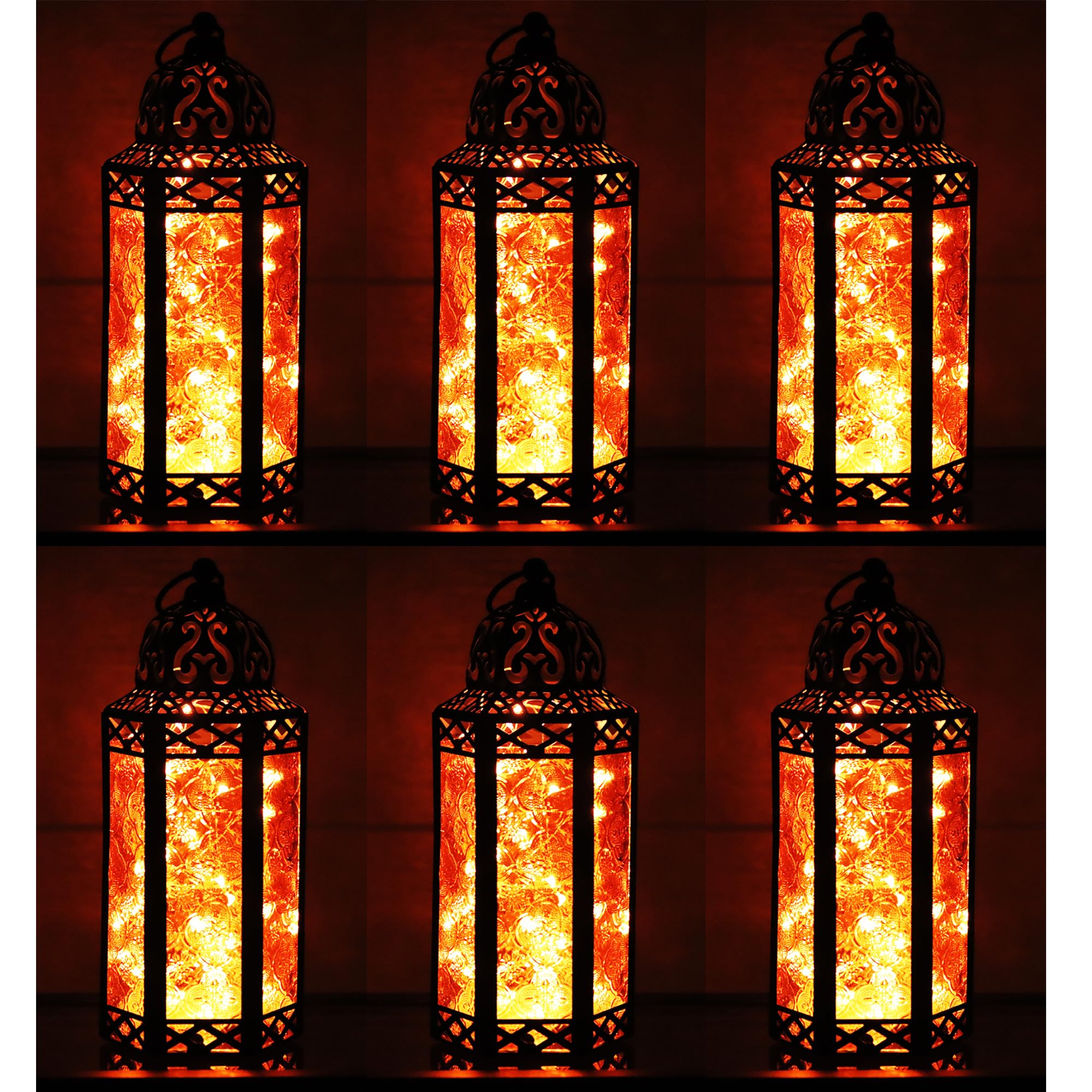 VELA Moroccan Metal LED Lanterns 6-Pack - Amber Fairy Lights for Halloween, Weddings & Home Decor - Indoor Table Centerpiece & Outdoor Patio Lighting - Waterproof Candle Holders for Fantasy, Porch & Garden Parties