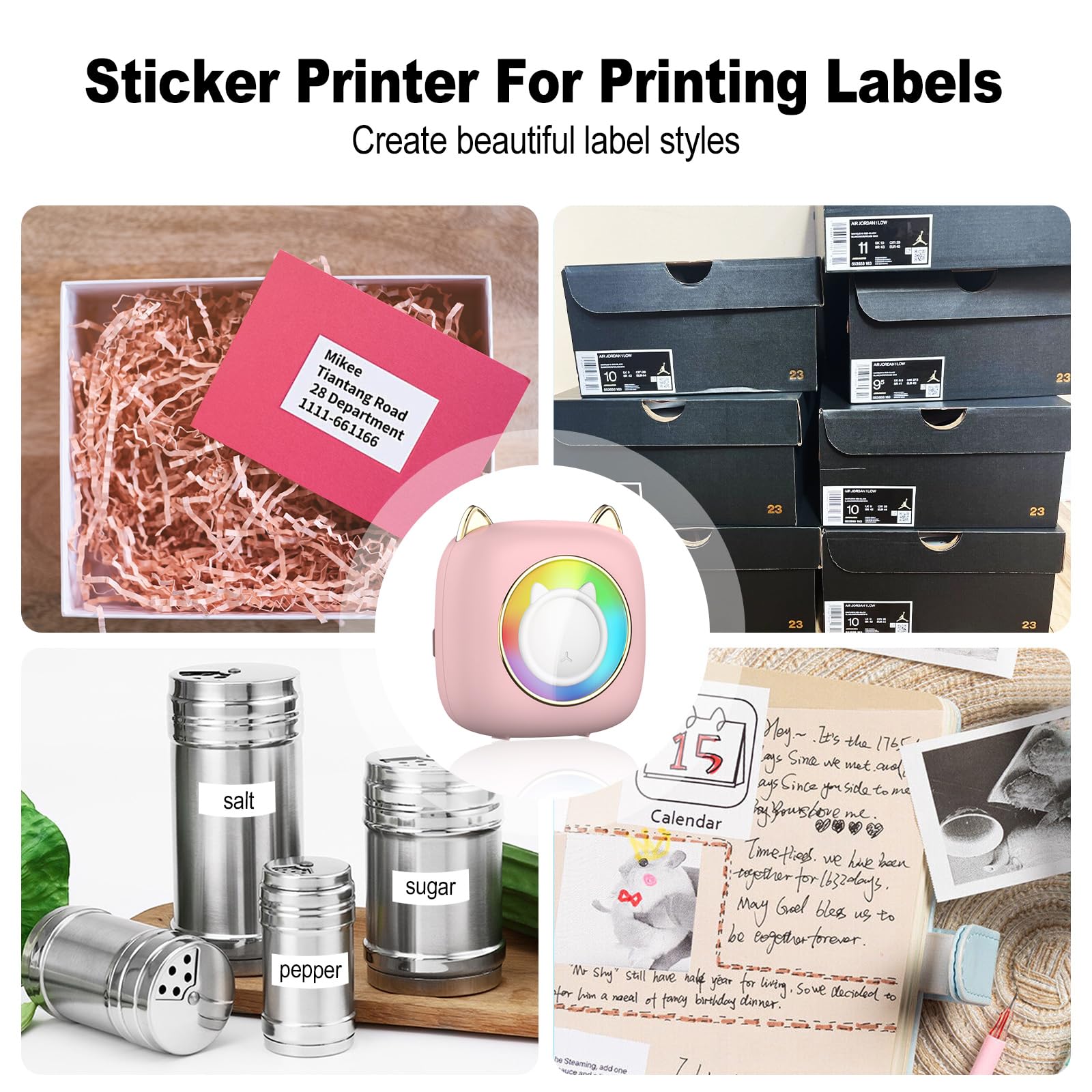 HUIJUTCHEN Print Pods Mini Bluetooth Thermal Sticker Printer - Portable Wireless Pocket Printer for iOS & Android, Includes 10 Rolls Thermal Paper - Inkless Photo Note Printer for Students, Office & Home Use (Pink)