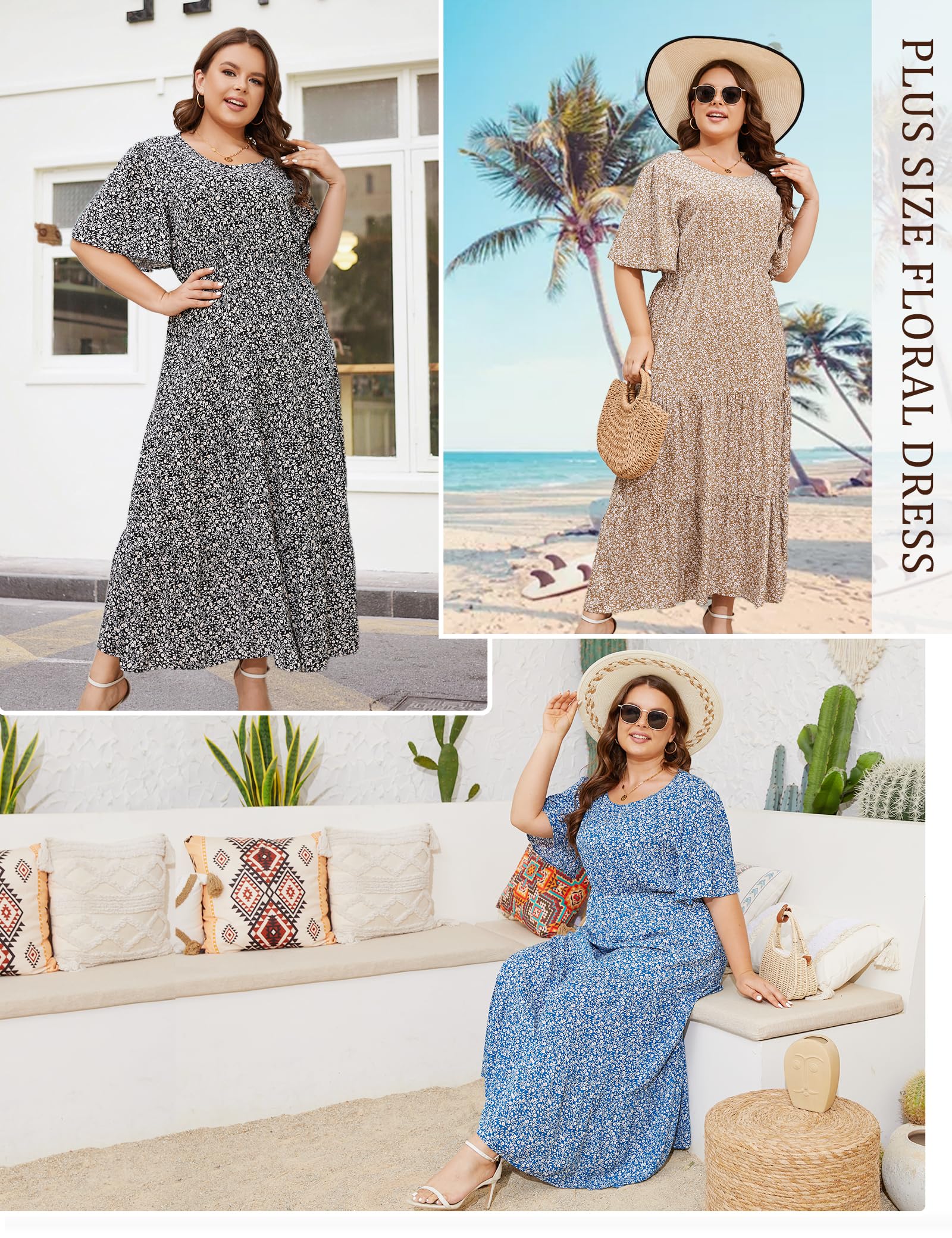 ANOTHER CHOICE Plus Size Floral Maxi Dress for Women - Short Sleeve Boho Casual Dress with Modest Fit | Perfect for Summer Outings, Beach Vacations & Boho Chic Style