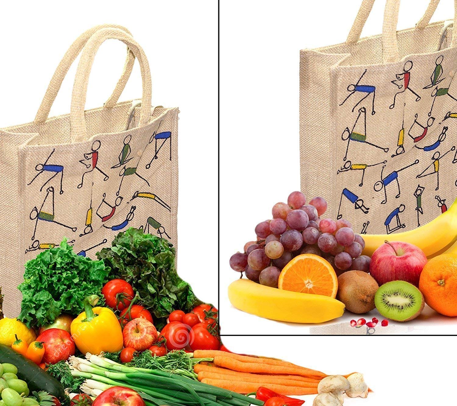 Eco-Friendly Jute Lunch Bags for Men & Women | Reusable Zippered Jute Shopping Tote with Yoga Print | Sustainable Tiffin Carrier & Grocery Bag | Pack of 2 | Perfect for Office, Picnics & Yoga Classes