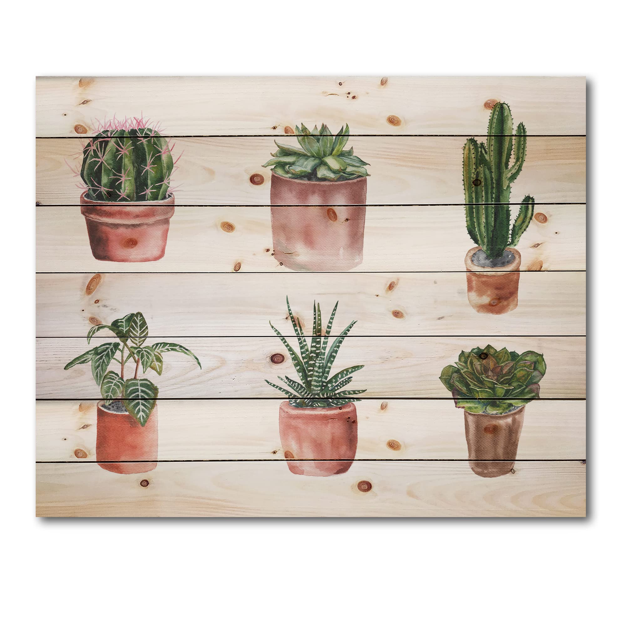 DesignQ Flowers in Pot Cacti & Succulents Wood Wall Decor - Large Floral Pine Wood Wall Art Panels for Living Room, Bedroom & Office Decor