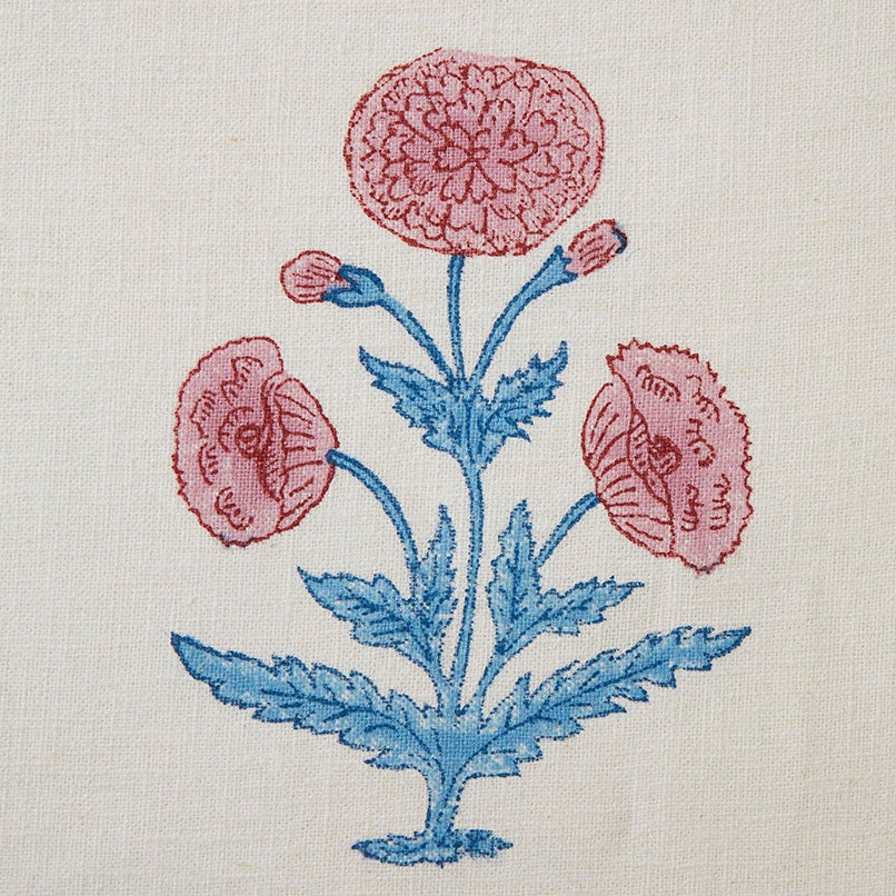 Poppy Block Printed Linen Fabric - Rose & Sky Blue Sample Swatch for DIY Crafts, Home Decor & Upholstery Projects