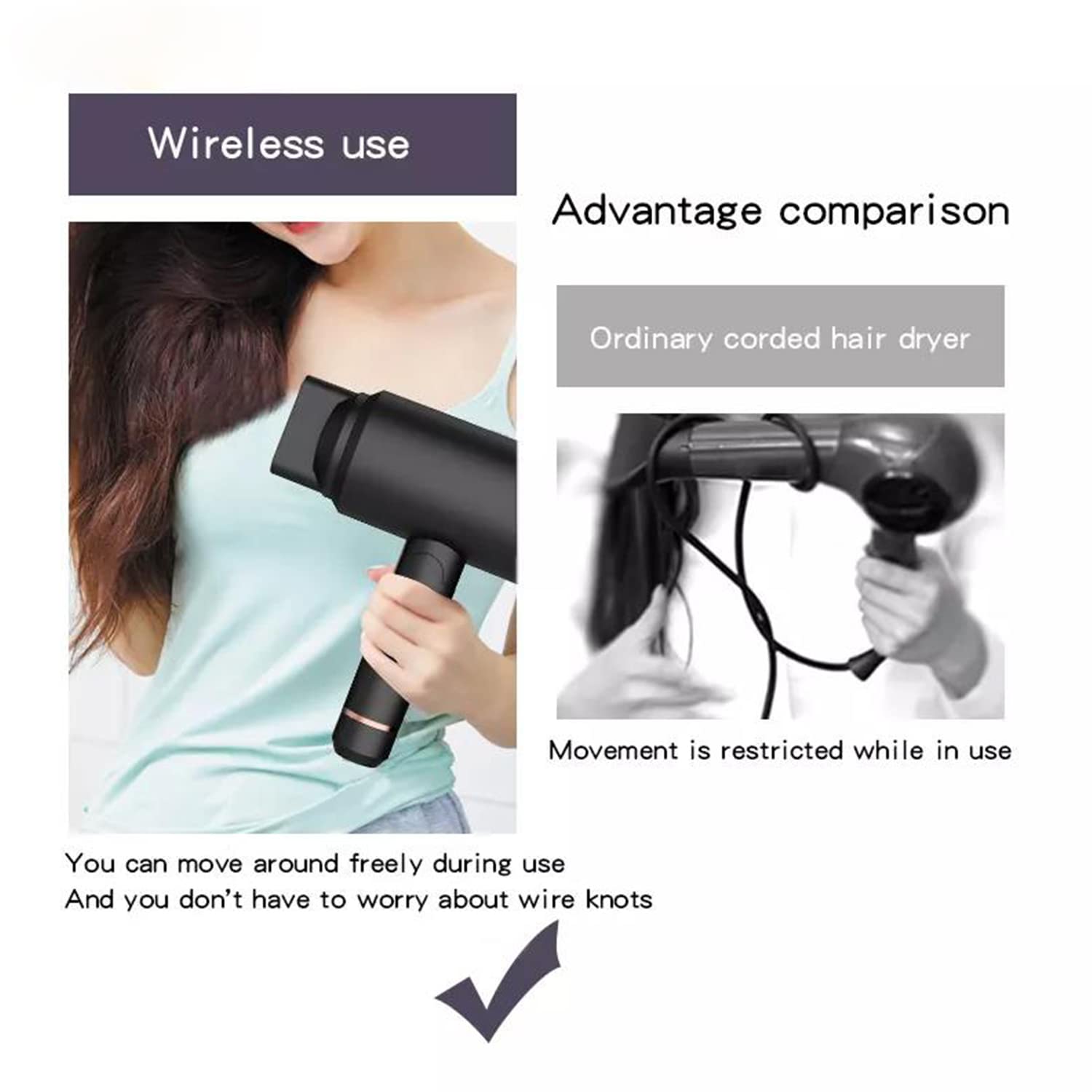 Rechargeable Cordless Hair Dryer - Foldable Travel Hair Dryer, Mini USB Hair Dryer with Hot/Cold Air for Women & Kids - Perfect for Camping, Beach & On-the-Go Styling
