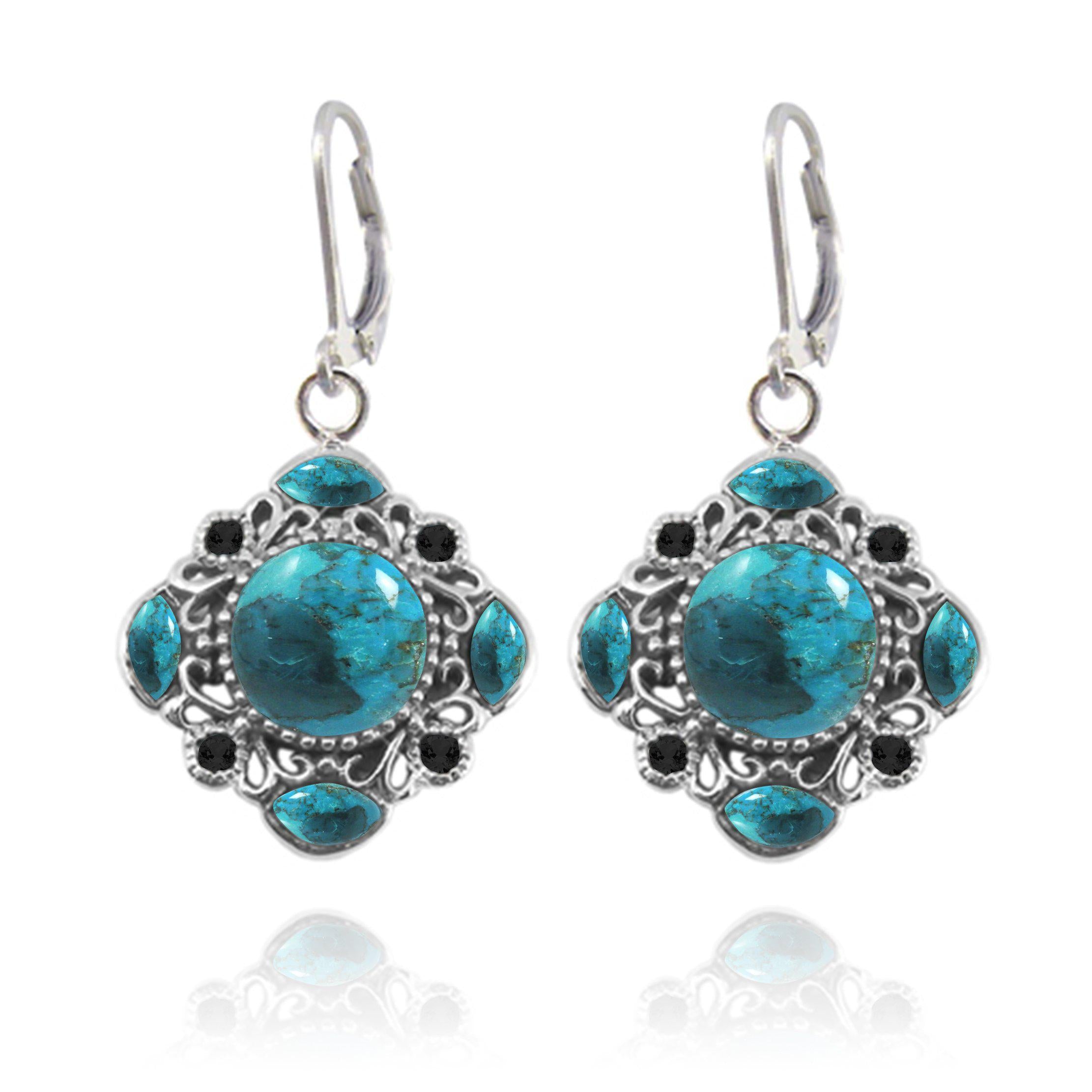 Oxidized Silver Cuff Earrings with 4 Marquise Turquoise & 4 Round Black Spinal Stones - Boho Jewelry for Women, Handmade Statement Earrings for Parties & Festivals