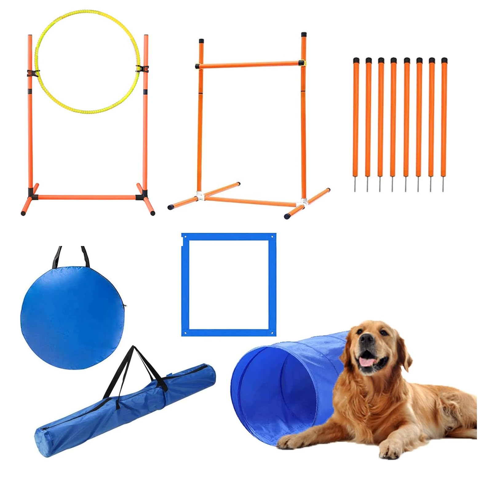 Dog Agility Training Equipment Set - Outdoor Pet Obstacle Course Starter Kit with Tunnel, Weave Poles, Jumps & Pause Box | Portable Carry Case Included | Perfect for Backyard Training, Dog Sports & Fun Exercise