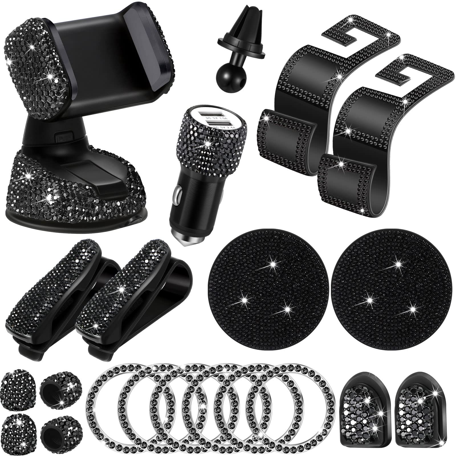 Stylish Bling Car Accessories for Women - Diamond Phone Holder Mount, Dual USB Charger, Coasters & Glasses Holders Set (Black) - Perfect for Luxury Car Interior & Gift Ideas