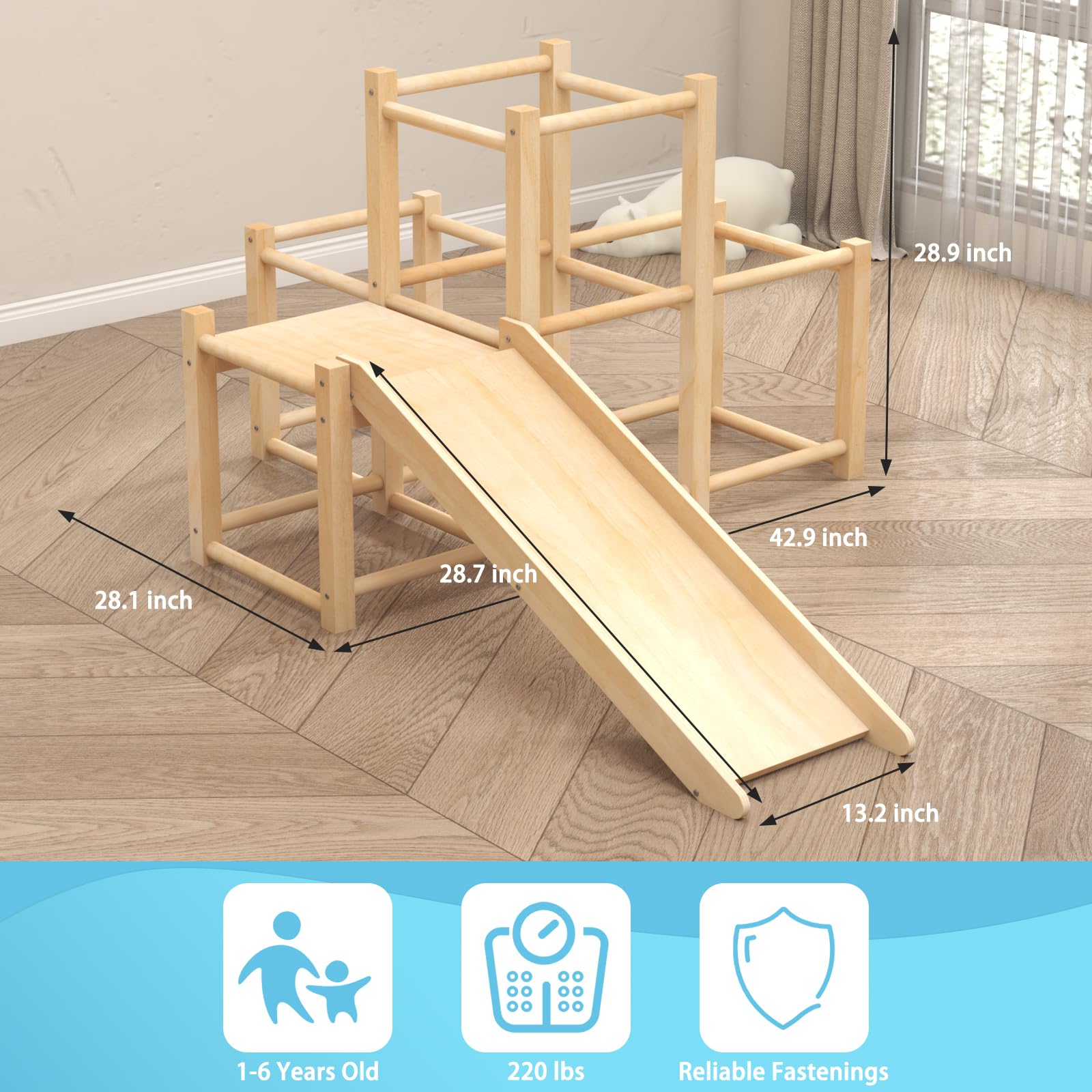 Montessori Wooden Indoor Jungle Gym Climber Playset with Slide - Toddler Climbing Toys & Multifunctional Playground for Kids - Perfect for Home Playrooms, Daycares, and Indoor Active Play