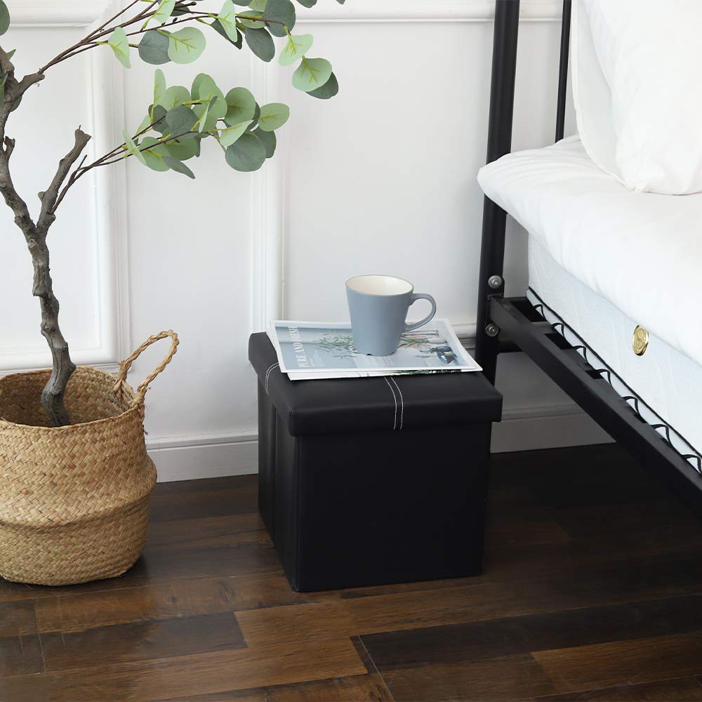 YCOCO Faux Leather Small Square Foot Rest Stool with Storage - Foldable Ottoman Footrest for Living Room, Bedroom, Office - 11.8