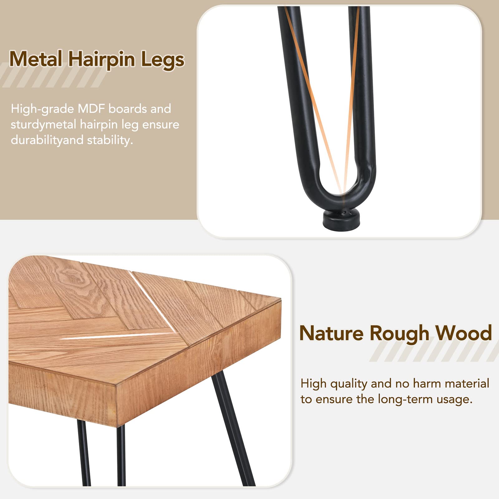 Modern Coffee Table for Living Room - Chevron Pattern, Metal Hairpin Legs, Thick Old Elm Wood Finish - Rustic Rough Wood Grain Surface, Easy Assembly - Perfect for Lounge, Living Room, and Home Decor