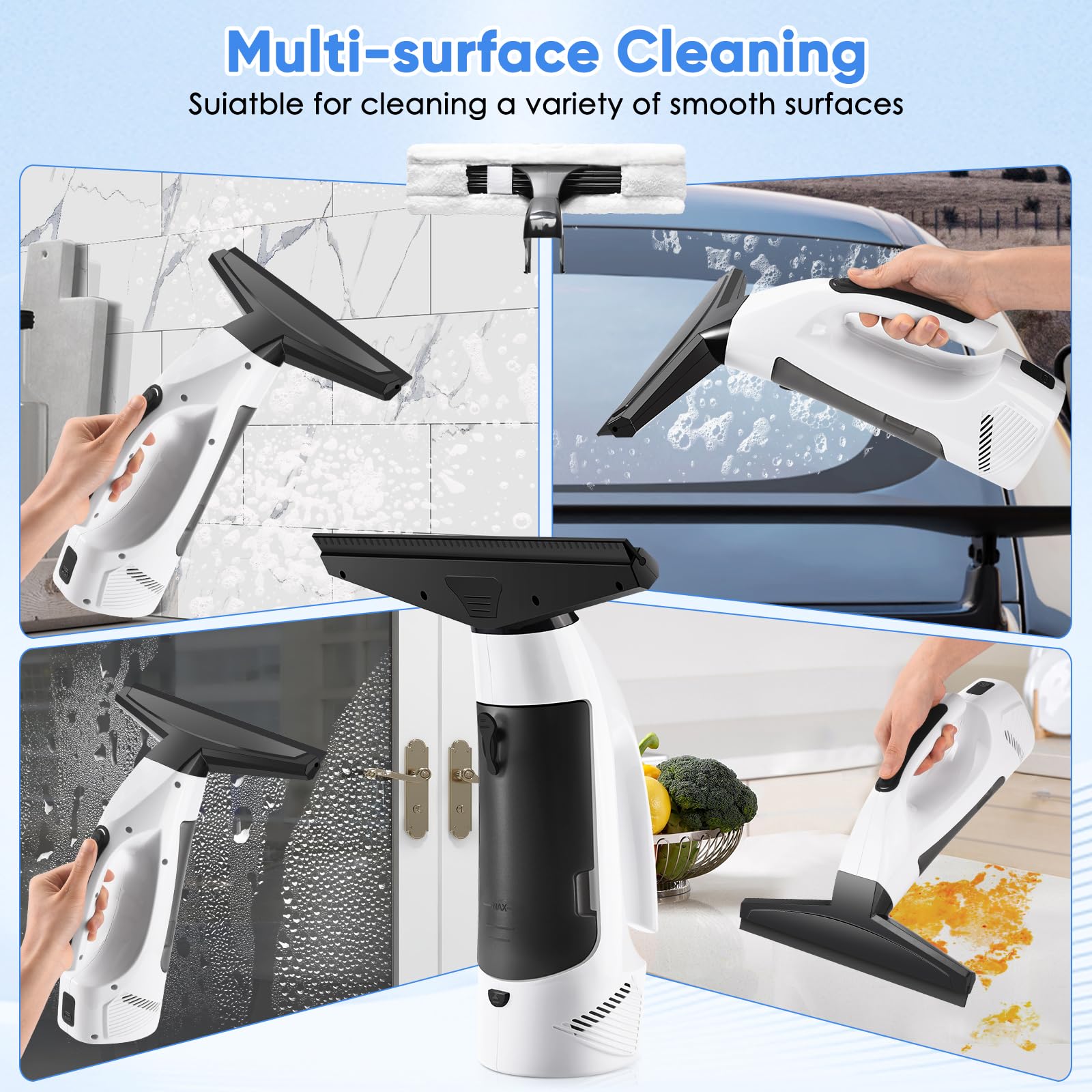 Cordless Window Vacuum Squeegee with Spray Bottle & Microfiber Cloth - Electric Handheld Cleaner for Windows, Mirrors, Tiles, Countertops & Car Windshields | Perfect for Home Cleaning, Auto Detailing & Glass Maintenance