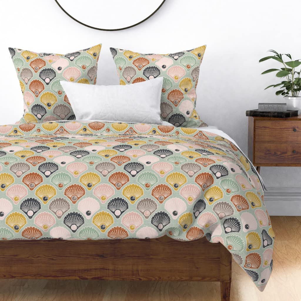 Scandinavian Coastal Seashells Pink & Mustard Duvet Cover - Full/Queen Size Cotton Sateen Bedding Set | Soft Shell Print Design for Beach House, Guest Room & Boho Chic Bedroom Decor