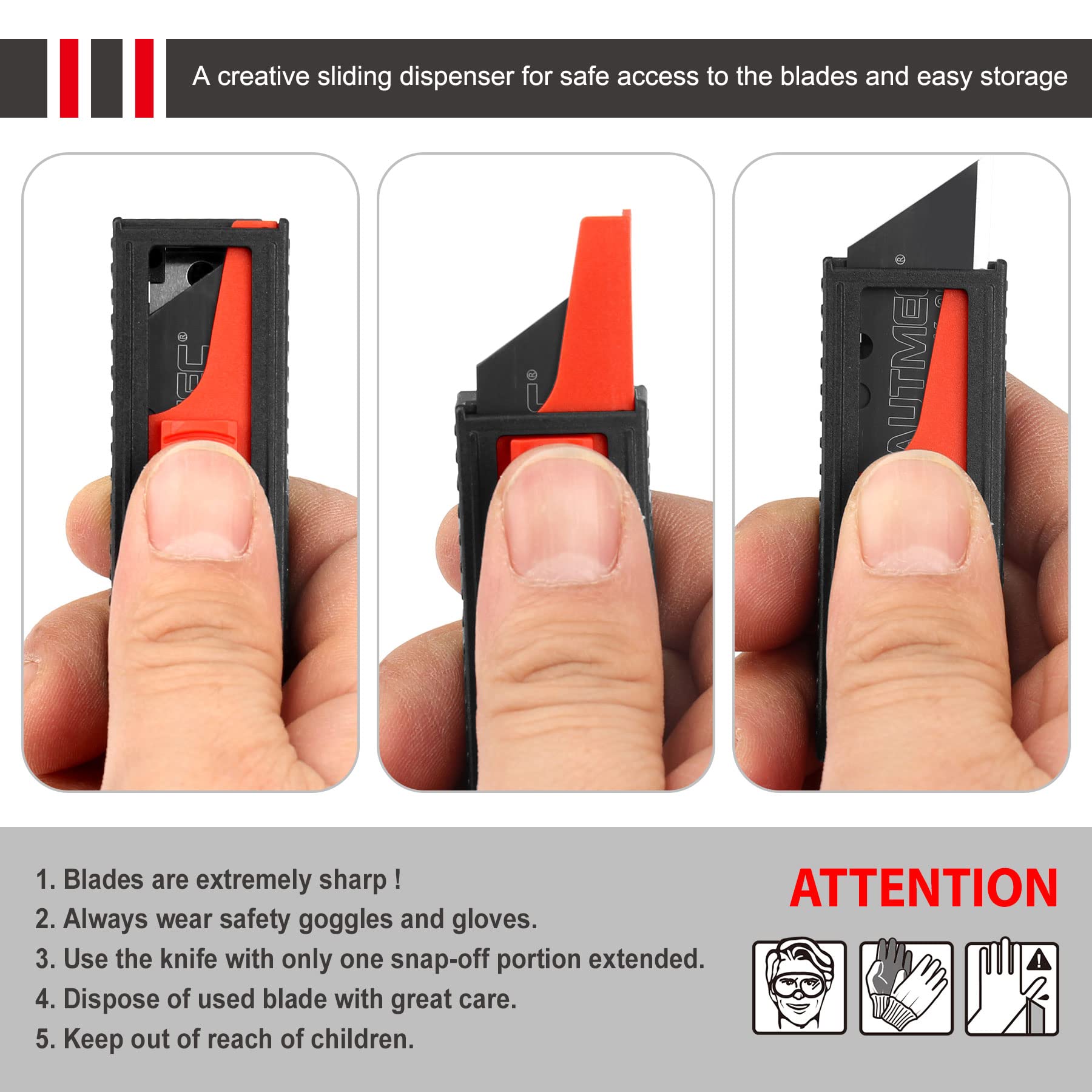 HAUTMEC 20-Pack Heavy Duty Utility Knife Blades with Safety Dispenser - SK2H Black Replacement Blades for Box Cutters & Utility Knives | Ideal for Warehouse, Packaging, DIY Projects & Home Use