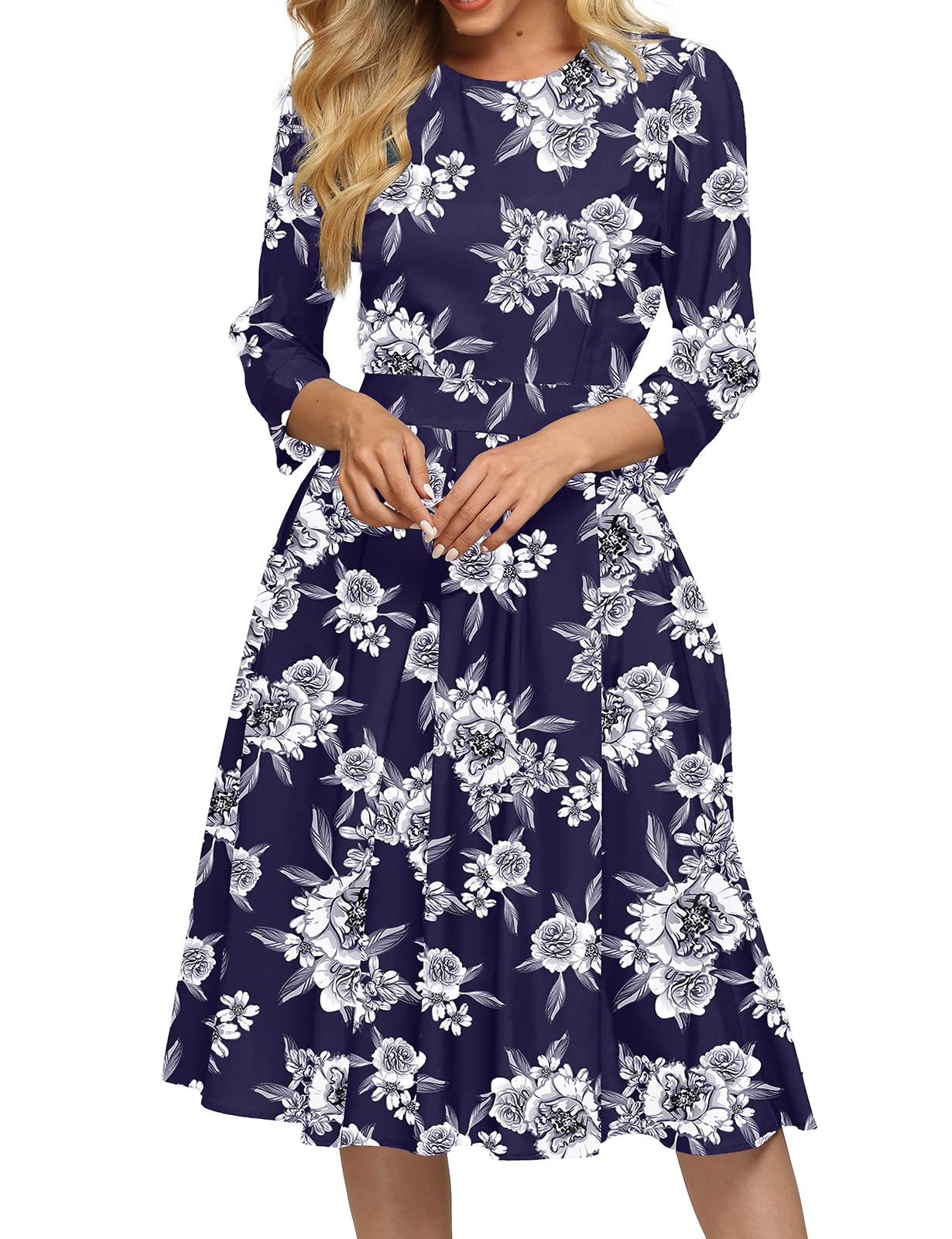 Elegant Floral Vintage Midi Dress for Women - 3/4 Sleeve Evening Gown | Perfect for Cocktail Parties, Weddings & Special Occasions