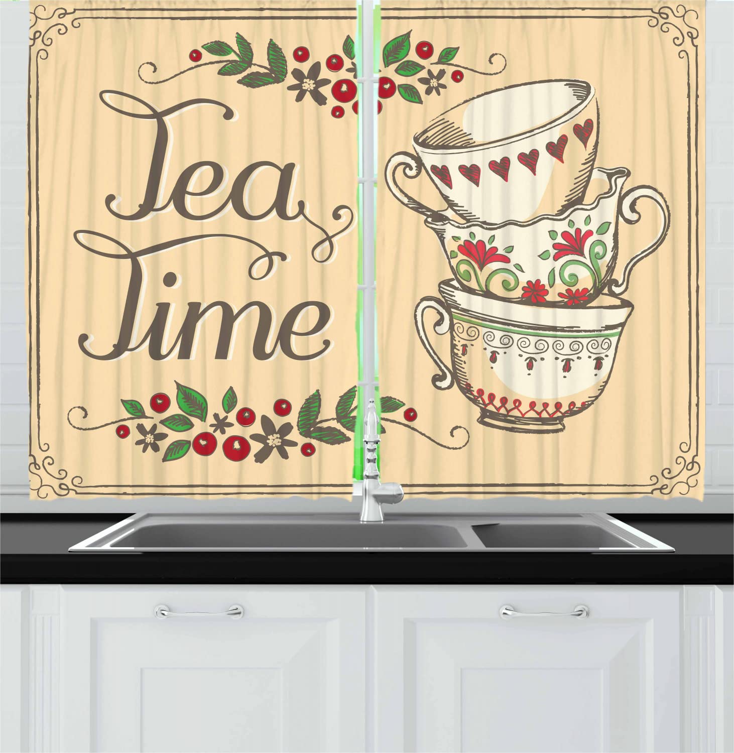 Ambesonne Floral Tea Kitchen Curtains - 2 Panels with Rod Pocket, 55