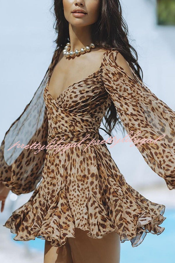 Elegant Chiffon Long Balloon Sleeve Back Lace Up Mini Dress for Women - Perfect for Cocktail Parties, Date Nights & Special Occasions