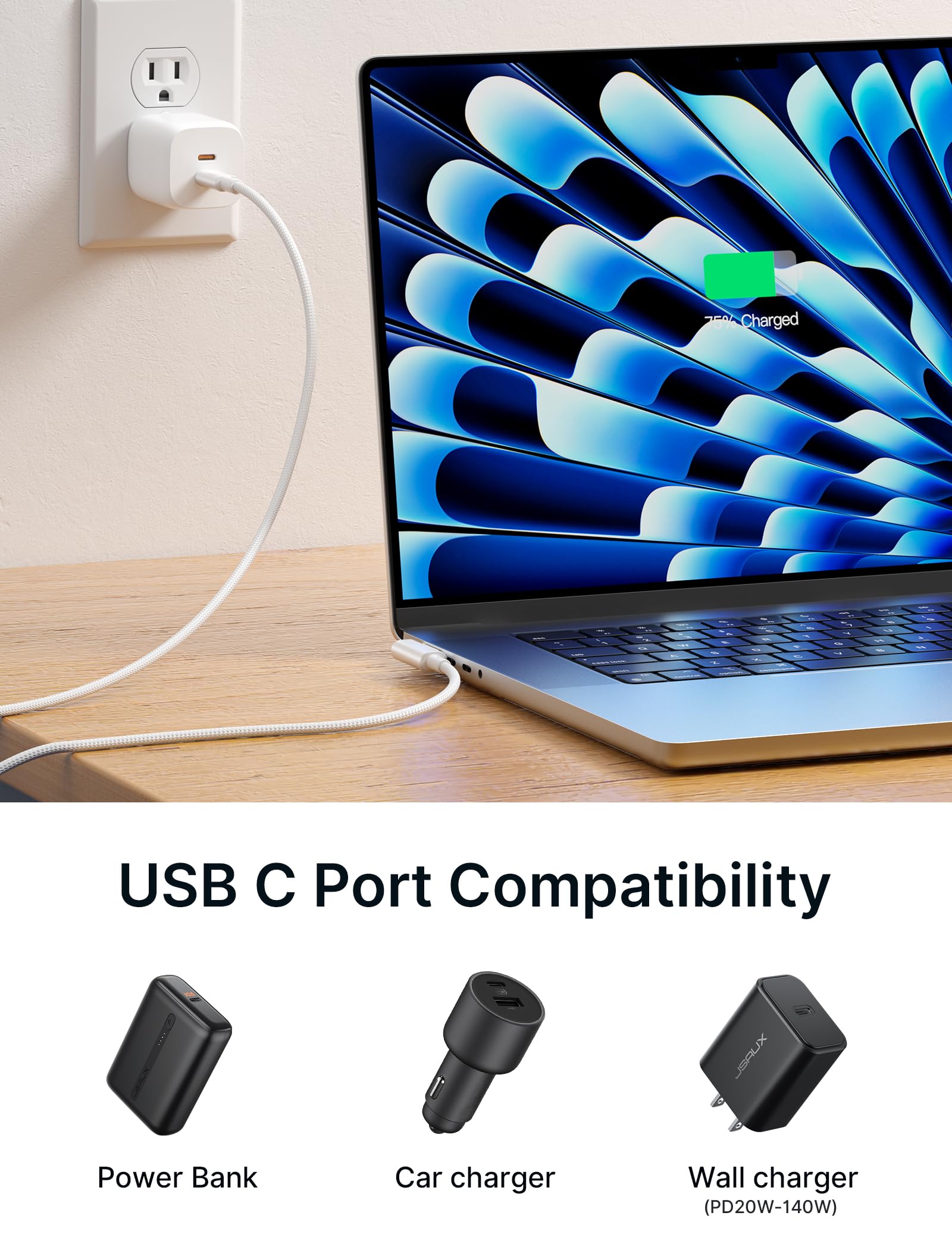 JSAUX 140W USB C to Magnetic 3 Cable 10ft Right Angle - Fast Charging Cord for MacBook Air/Pro 2023/2022/2021 (M3, M2, M1, 14-16 Inch) | Perfect for Home, Office & Travel Charging