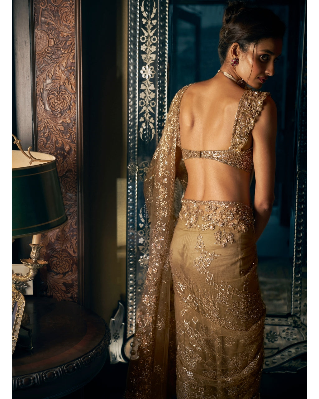Antique Gold Sequin Sari Set - Elegant Indian Bridal Outfit for Weddings, Parties & Festive Occasions