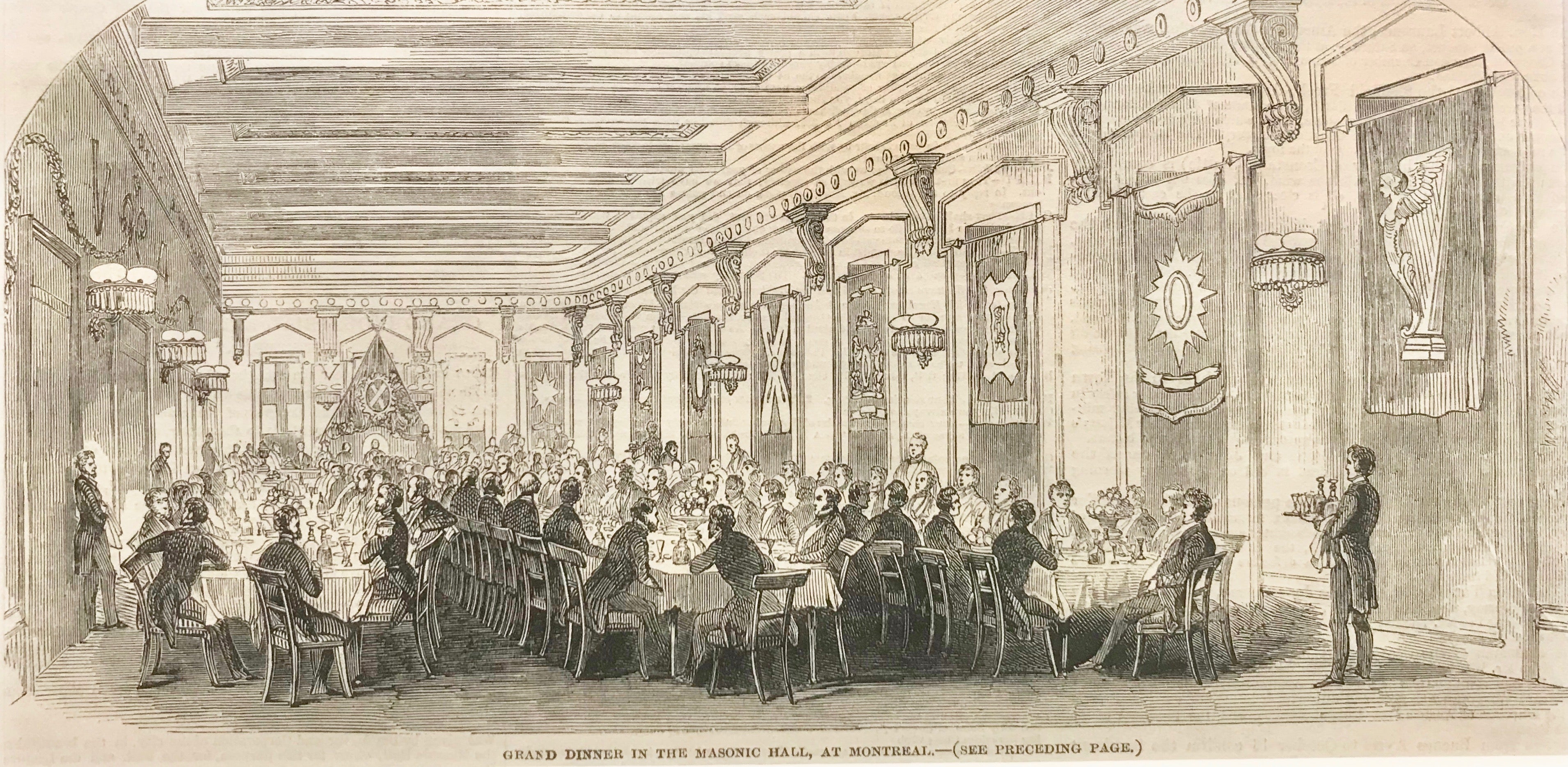 1860s Antique Engraving Print - London Illustrated News Historical Artwork - Masonic Temple Dinner Scene in Montreal - Perfect for Victorian Era Collectors & Home Decor