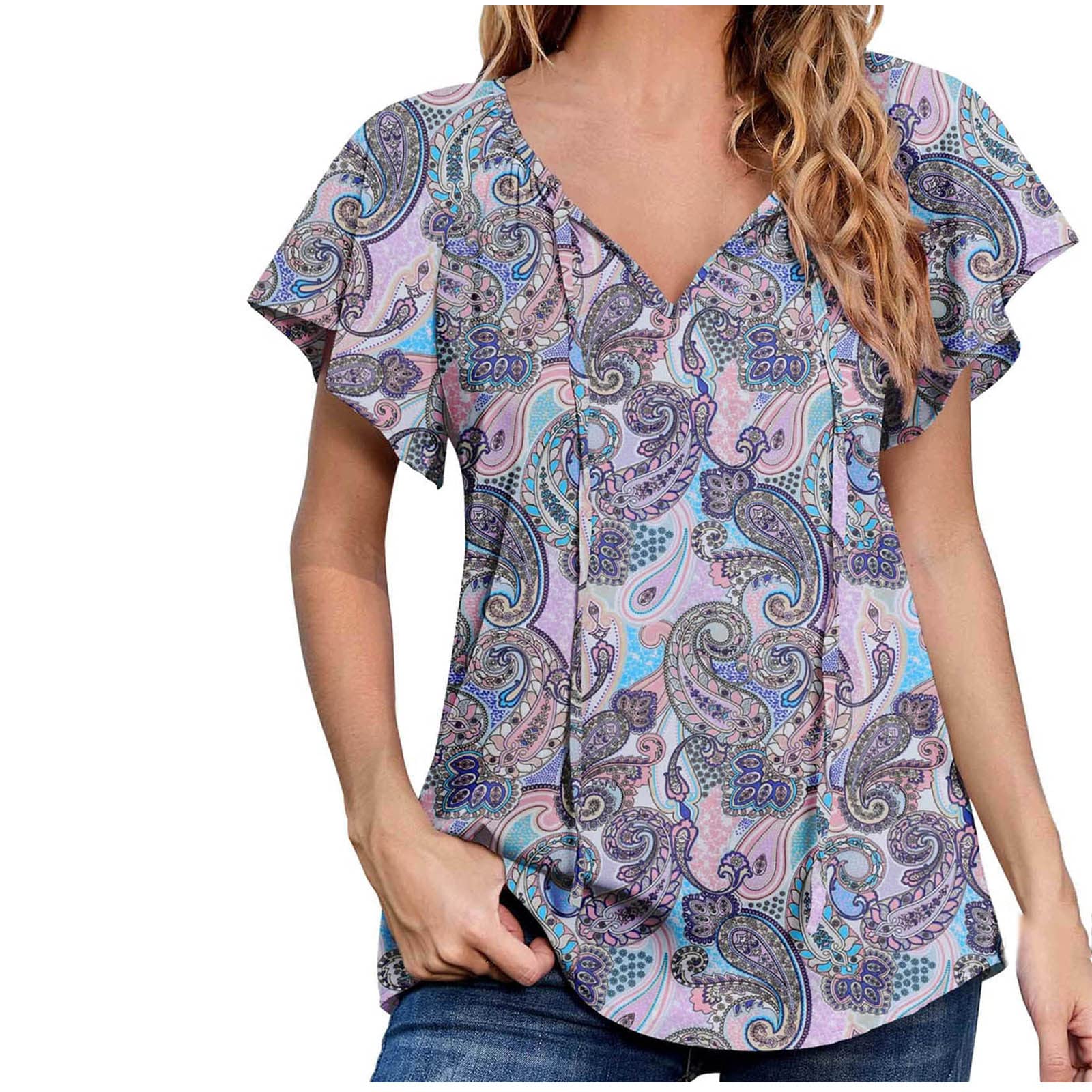 Women's Floral Printed V-Neck Chiffon Blouse - Short Sleeve Summer Tunic Top for Casual Wear, Beach Outings & Vacation Outfits