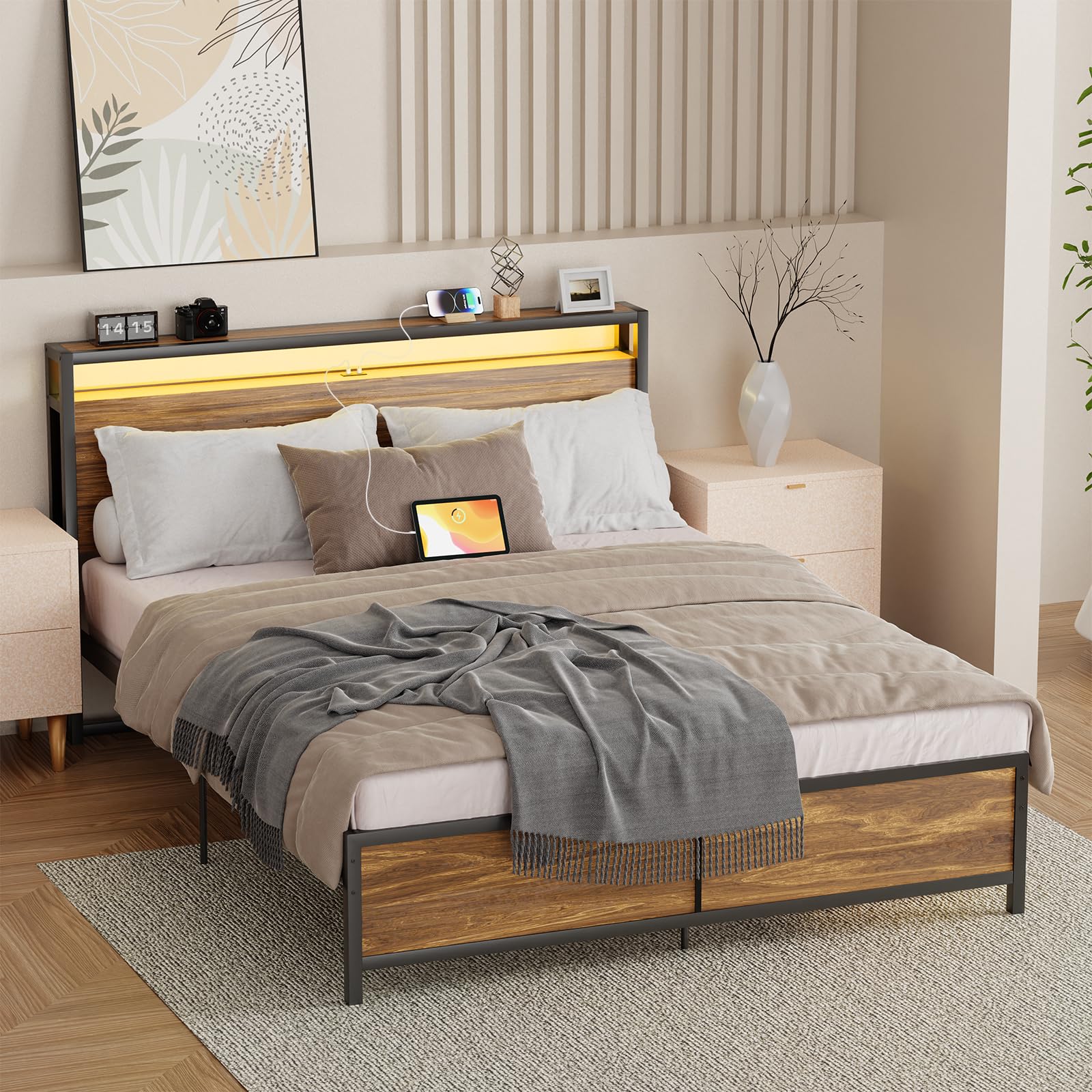 Zevemomo Queen Size Bed Frame with Storage Headboard, USB Charging Ports & LED Lights - Remote & APP Control, Heavy Duty Metal Platform Bed Frame, No Box Spring Needed, Noise Free - Perfect for Modern Bedrooms, Guest Rooms & Small Spaces