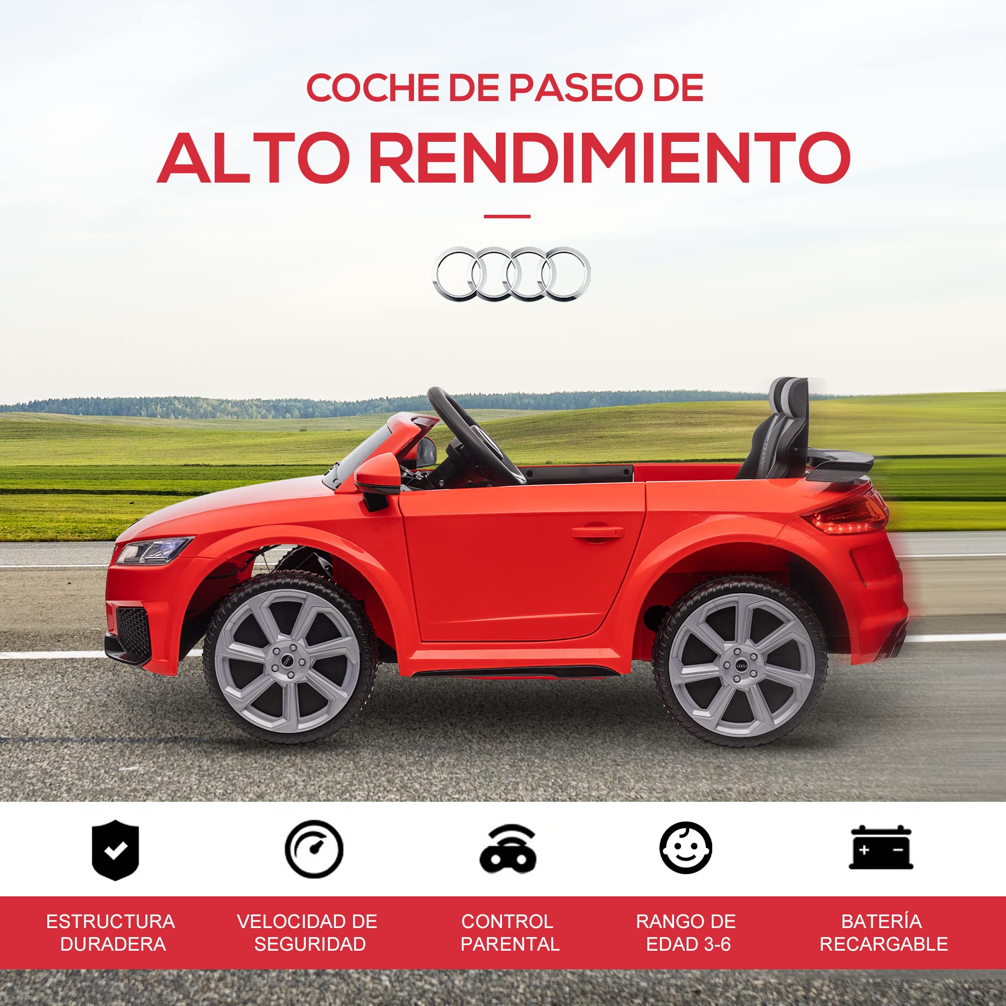 HOMCOM Kids Electric Ride-On Car for 3+ Years Old - 12V Audi TT Style with Remote Control, 3 km/h Speed, Music, Lights & Dual Opening Doors (102x60x44cm, Red) - Perfect for Indoor & Outdoor Play, Birthday Gifts, and Toddler Pretend Driving Fun