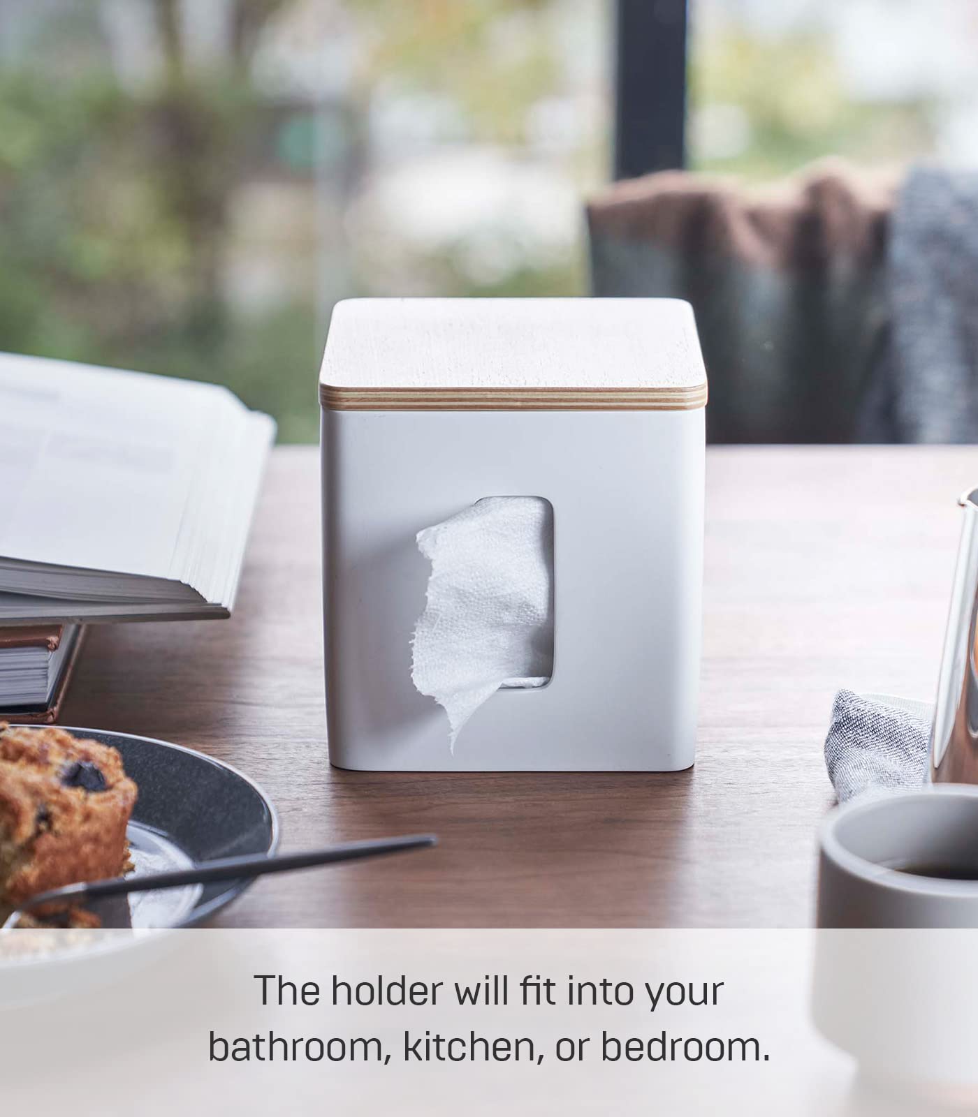 Yamazaki Home Rin Tissue Paper Holder with Removable Wooden Lid - Rectangular Storage Box for Toilet Paper, Paper Towels & Tissues - Polystone Material - Perfect for Kitchen, Bathroom & Bedroom Organization