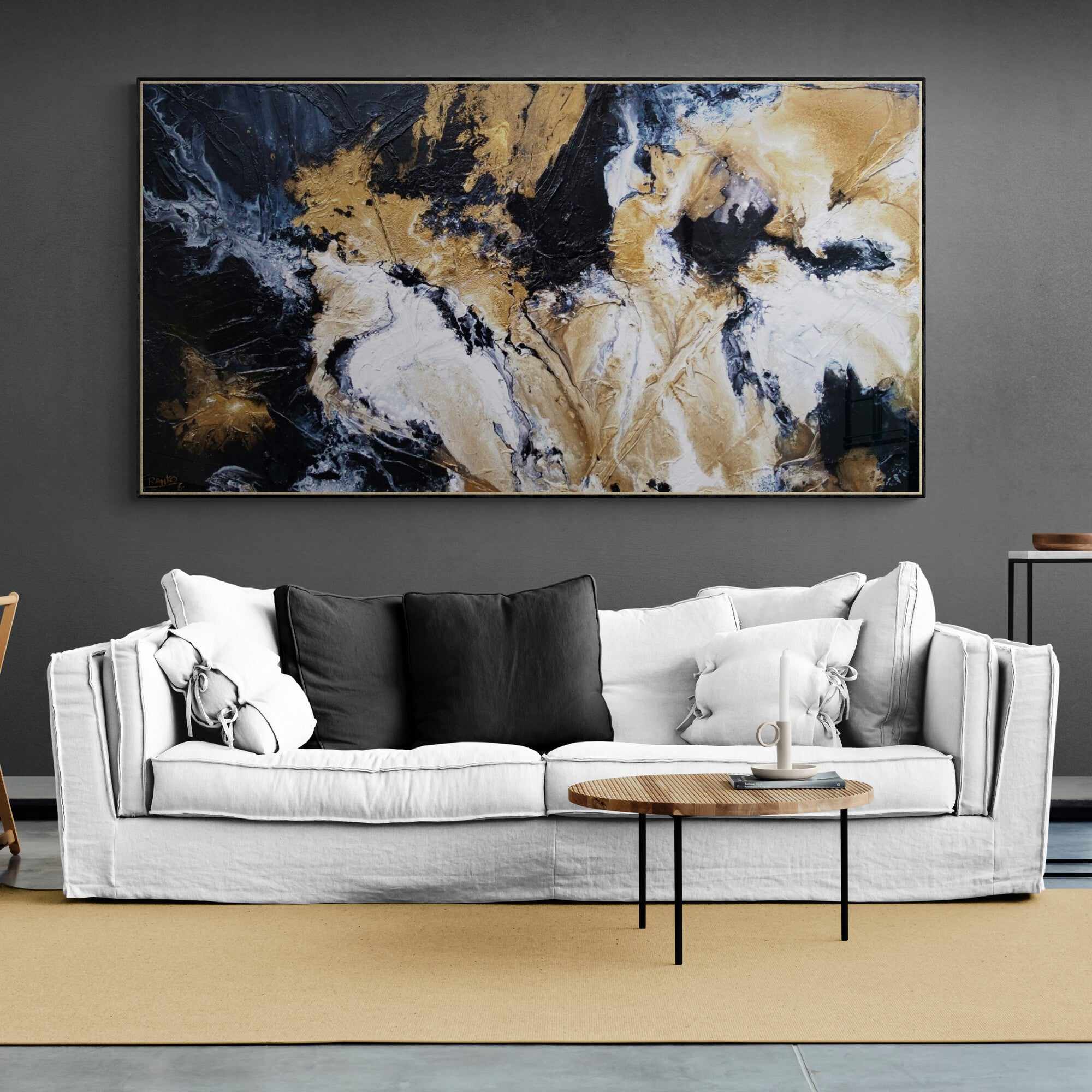 190cm x 100cm Black Gold White Textured Abstract Canvas Painting - Modern Wall Art for Living Room, Bedroom & Office Decor - Golden Saturation Design